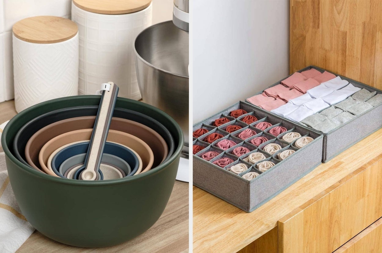 Nesting bowls and measuring spoons on a counter; organized drawer with rolled socks and accessories in boxes