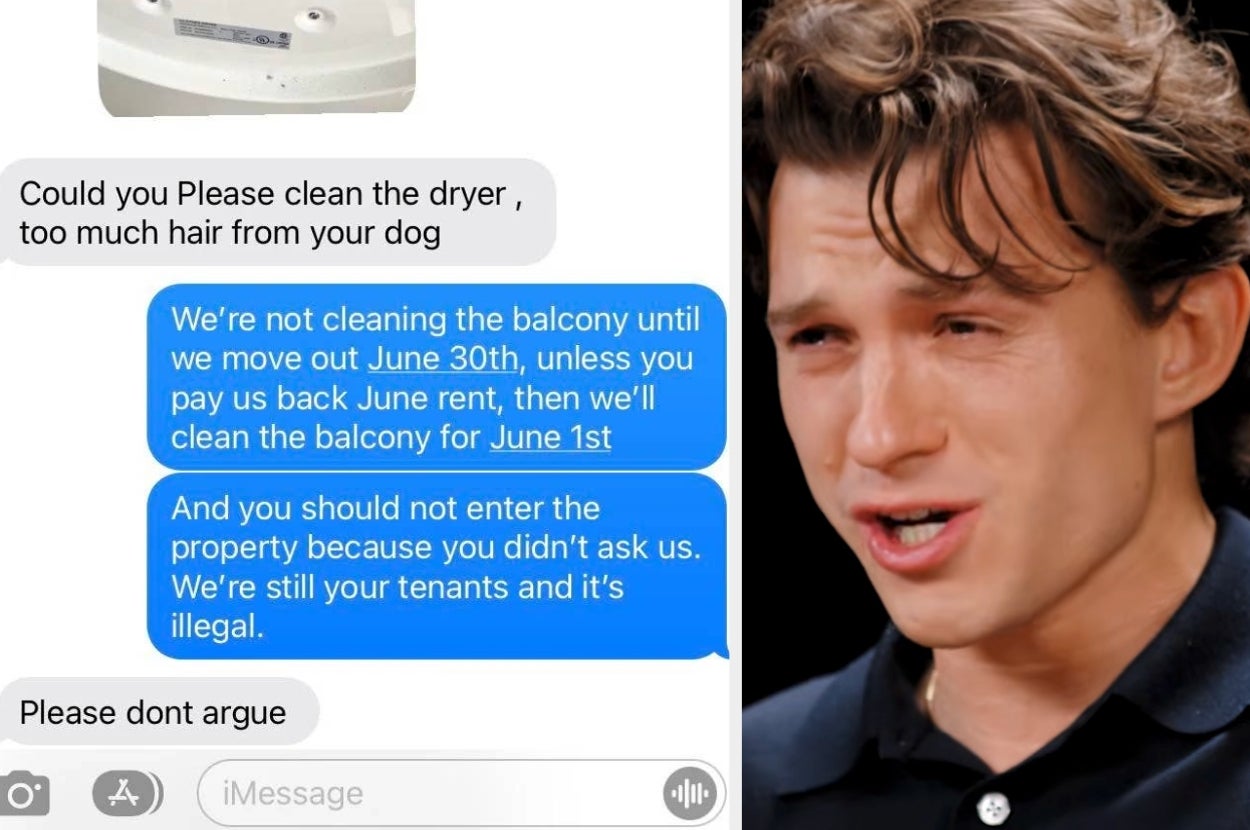 Text conversation includes a request to clean a dryer and a response about not paying June rent, mentioning tenant rights and property entry issues