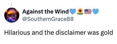 Tweet by @SouthernGrace88: "Hilarious and the disclaimer was gold."