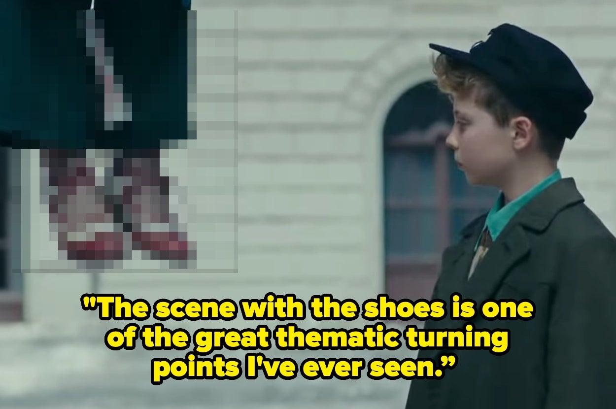 A young boy in vintage clothing looks at a pair of dangling shoes. The quote reads, "The scene with the shoes is one of the great thematic turning points I've ever seen."