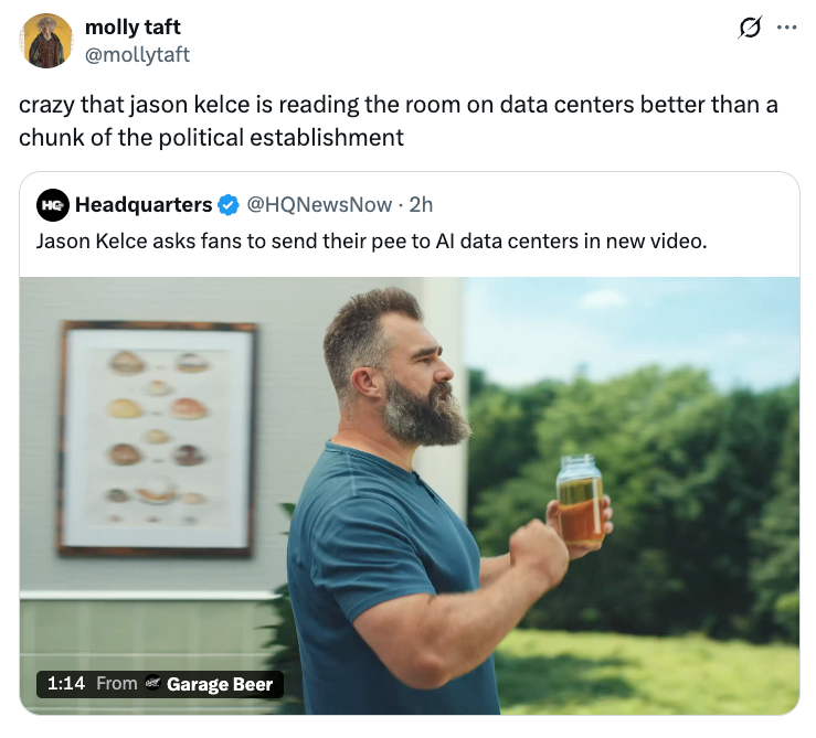 A man with a beard holds a jar in a video still; caption humorously suggests mailing pee to AI data centers