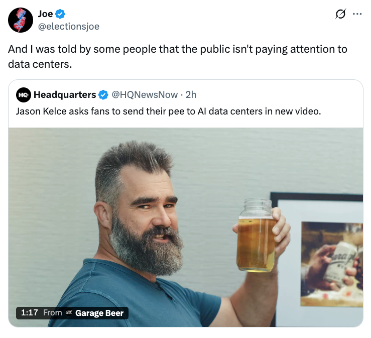A man humorously holds a jar of yellow liquid in a news post asking fans to send pee to AI data centers