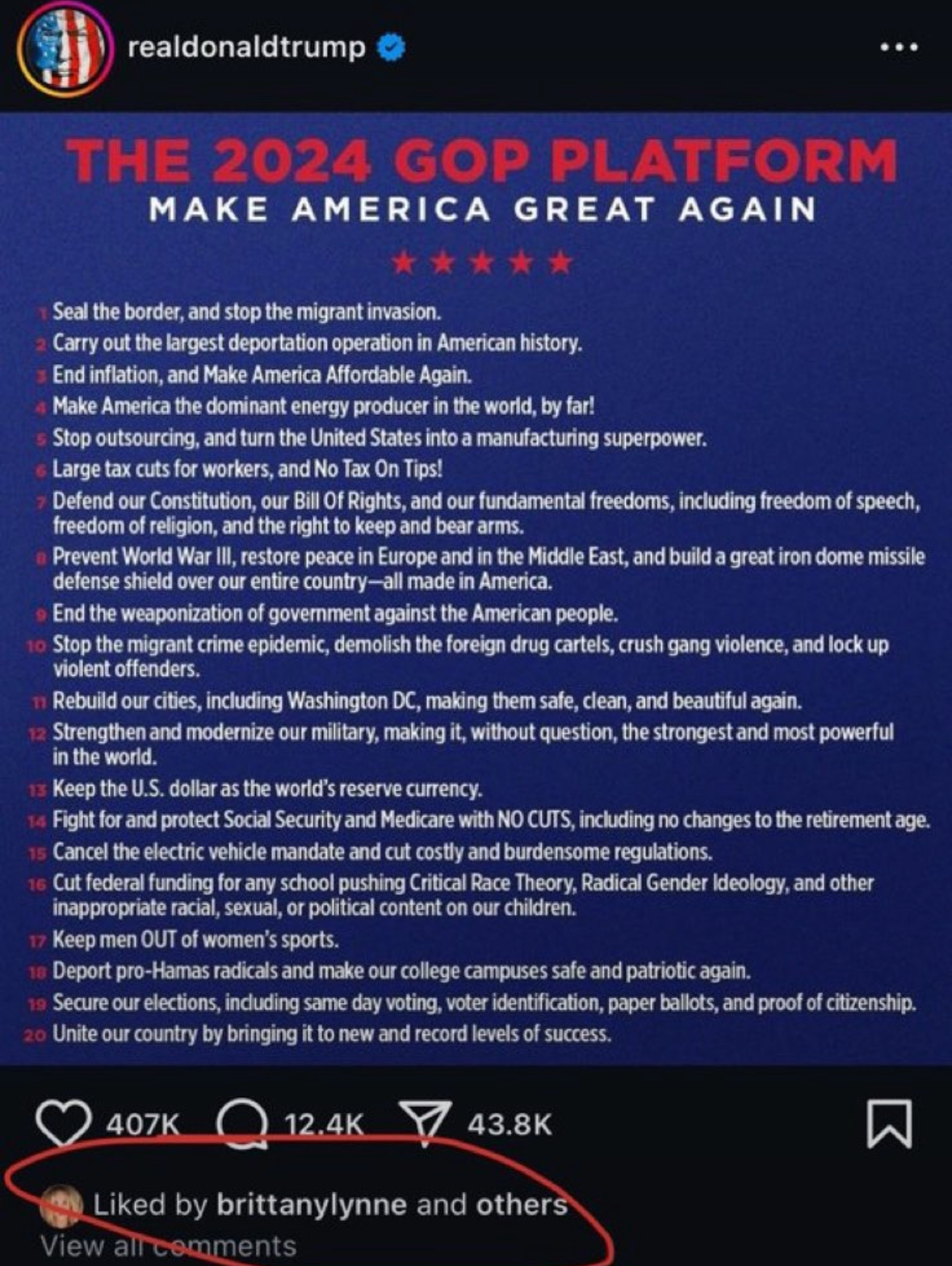 Donald Trump's Instagram post delineating the 2024 GOP platform, advocating for strong borders, U.S. energy independence, American jobs, ending woke policies, and strengthening military.