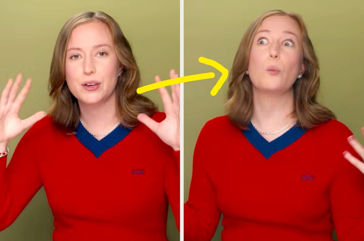 Person in a red sweater gesturing animatedly in split images with an arrow indicating a transformation or change in expression