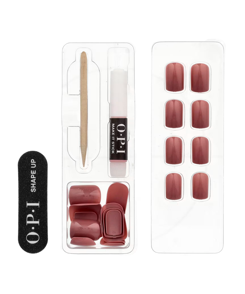 OPI press-on nails set with a file, manicure stick, and adhesive, featuring a neutral tone design