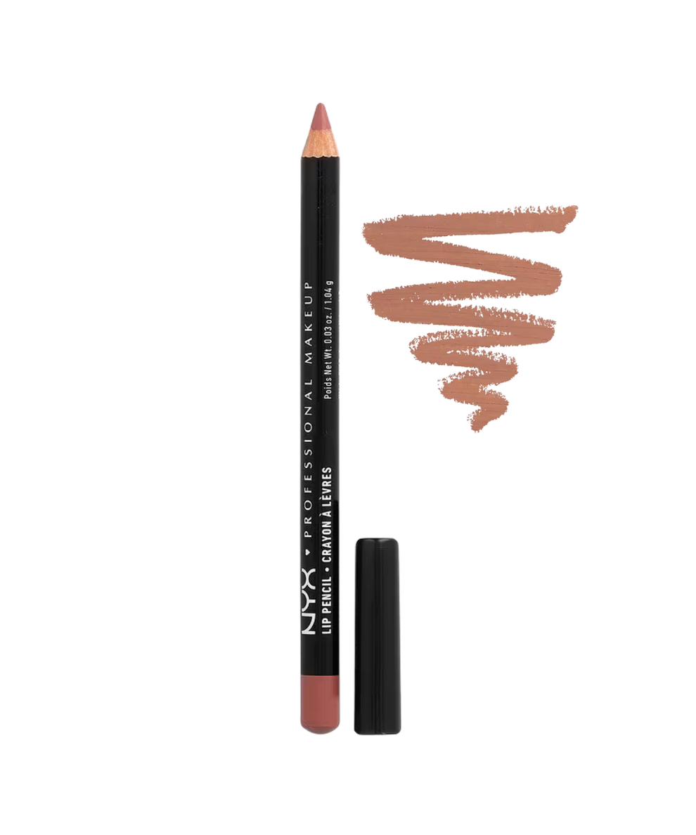 NYX Professional Makeup lip pencil with cap removed, showing a brown tip. A swatch of the lip color is scribbled next to the pencil