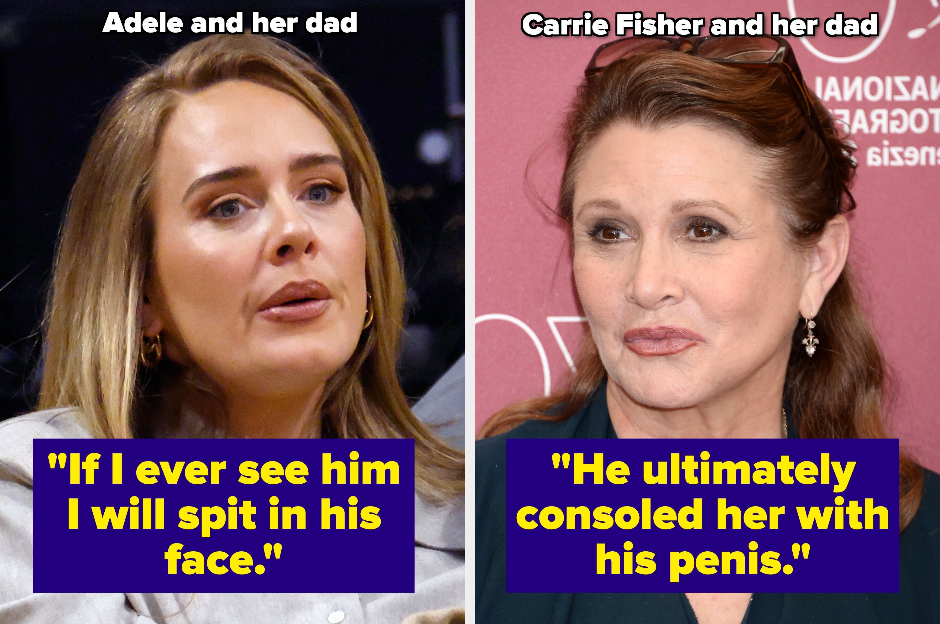 Left, Carrie Fisher with a surprised expression at the Wishful Drinking premiere. Text reads, "This made marriage to my mother awkward." Right, Chaz Bono speaking during an interview. Text reads, "He died before we were able to resolve it."