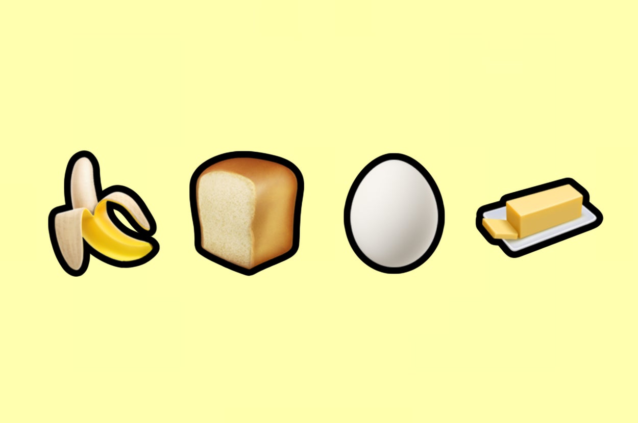 Banana, bread, butter, and egg emojis are lined up against a plain background