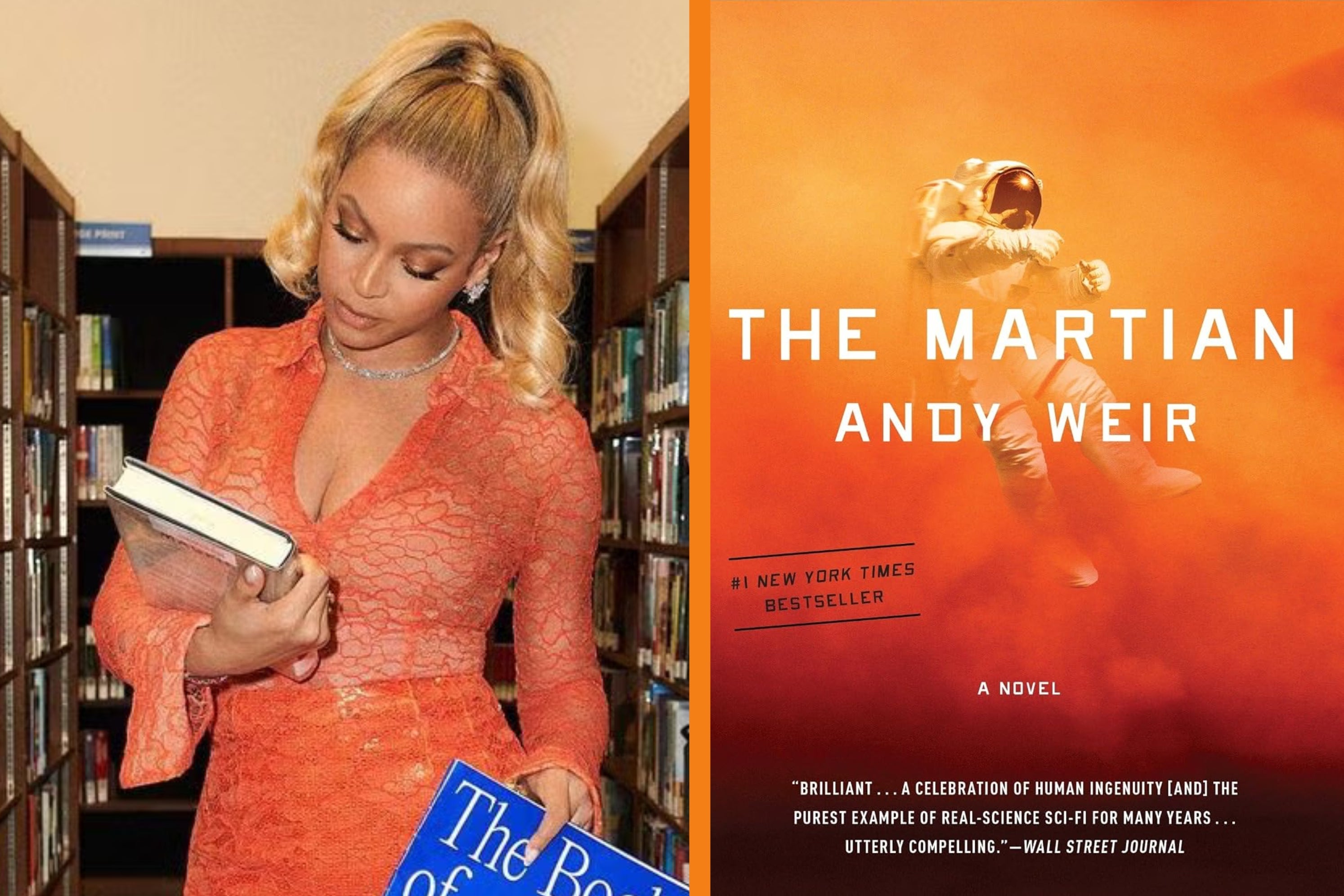 Celebrity in elegant attire holding books next to "The Martian" book cover, featuring an astronaut in a space suit on an orange background