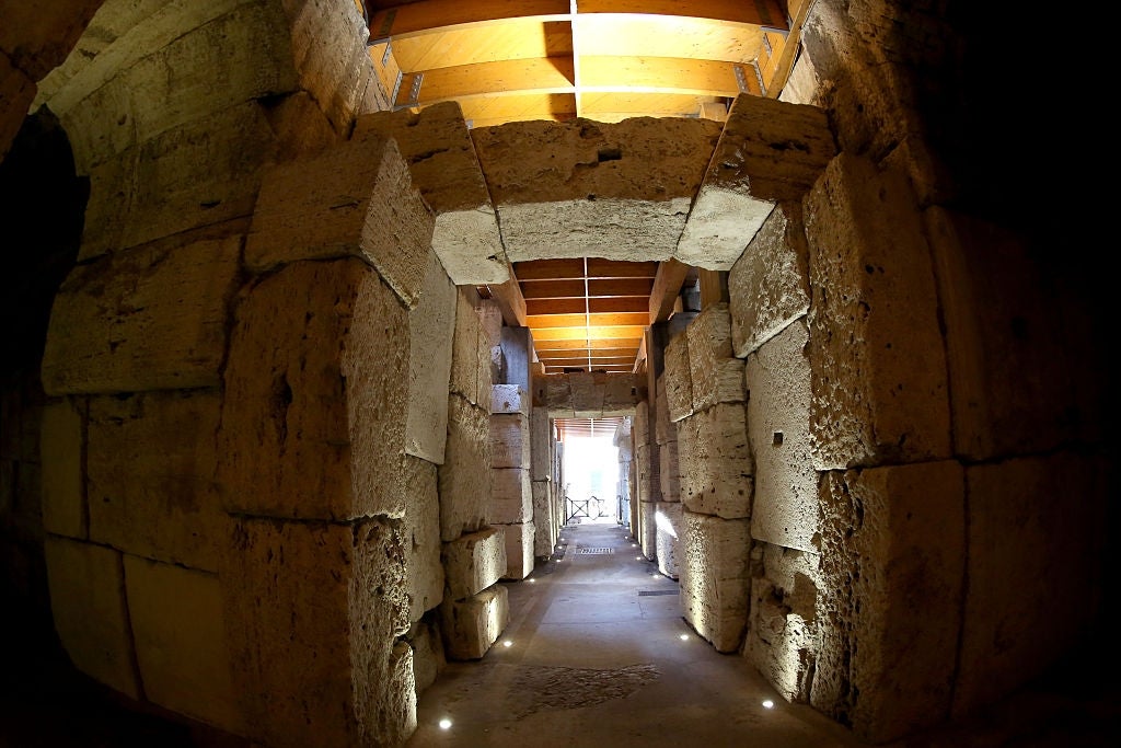 The hypogeum (underground) of the Colosseum, is seen after restoration works have been completed