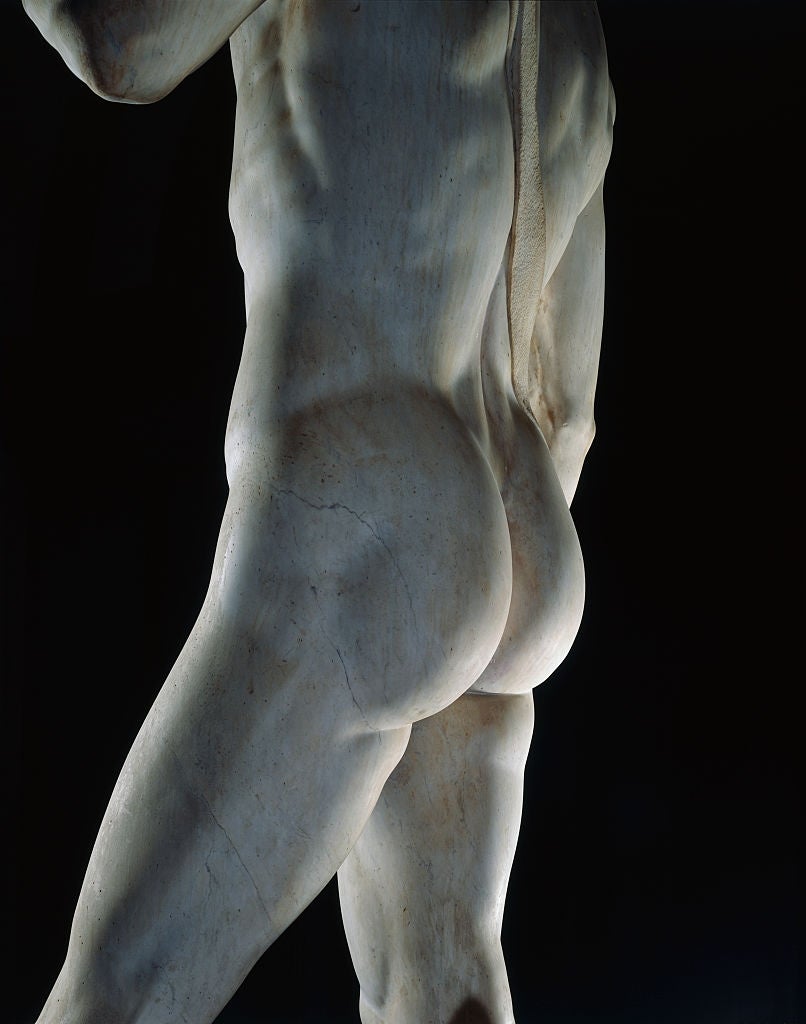 David statue showcasing the detailed back and torso of a male figure, focusing on the muscular anatomy and contours