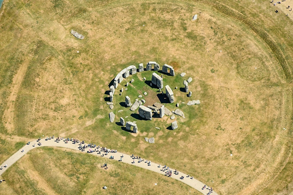 Aerial view of Stonehenge showing large stone circle on grass with tourists walking along nearby paths
