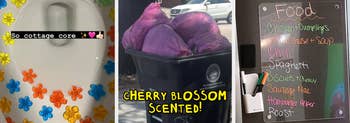 Toilet adorned with floral decals, trash bin with pink trash bags labeled "Cherry Blossom Scented," and a menu board listing various foods