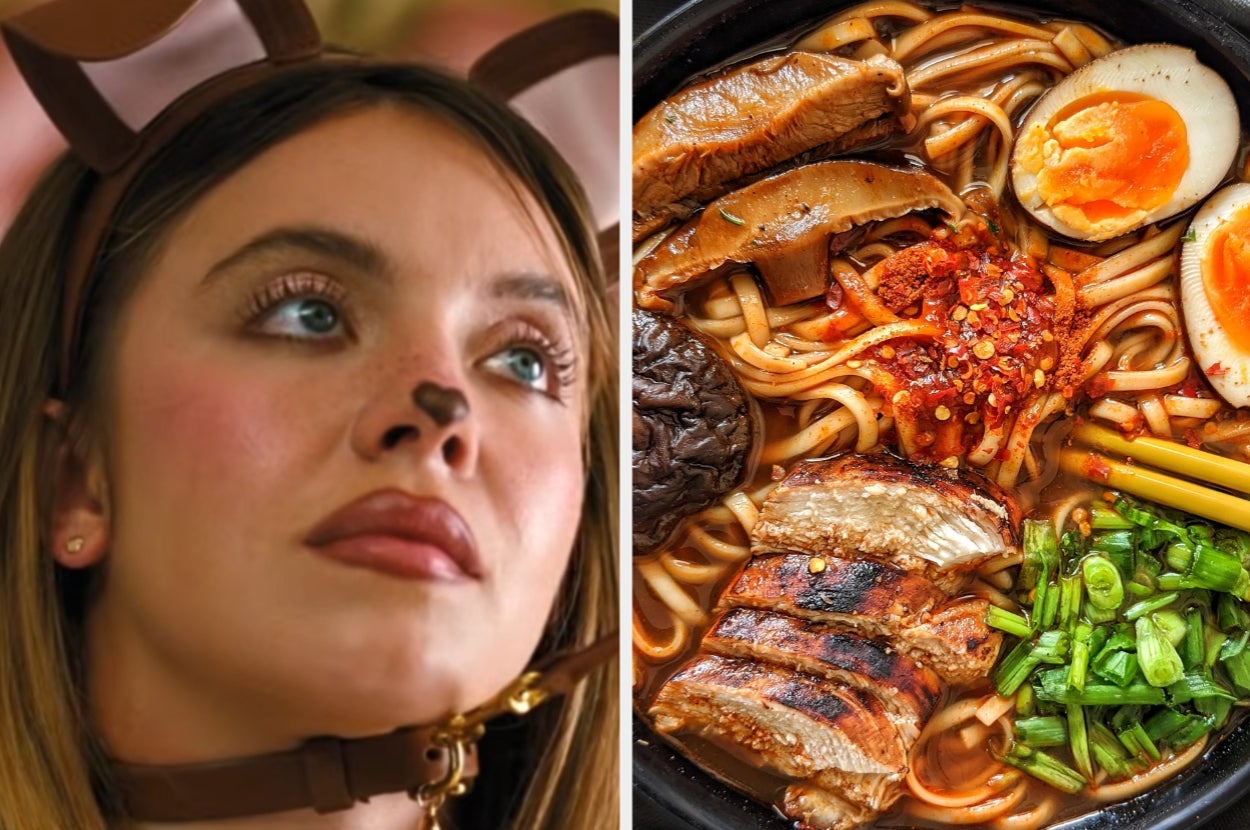 Left: Person with reindeer antlers headband. Right: Bowl of ramen with eggs, meat, mushrooms, green onions, and chili paste