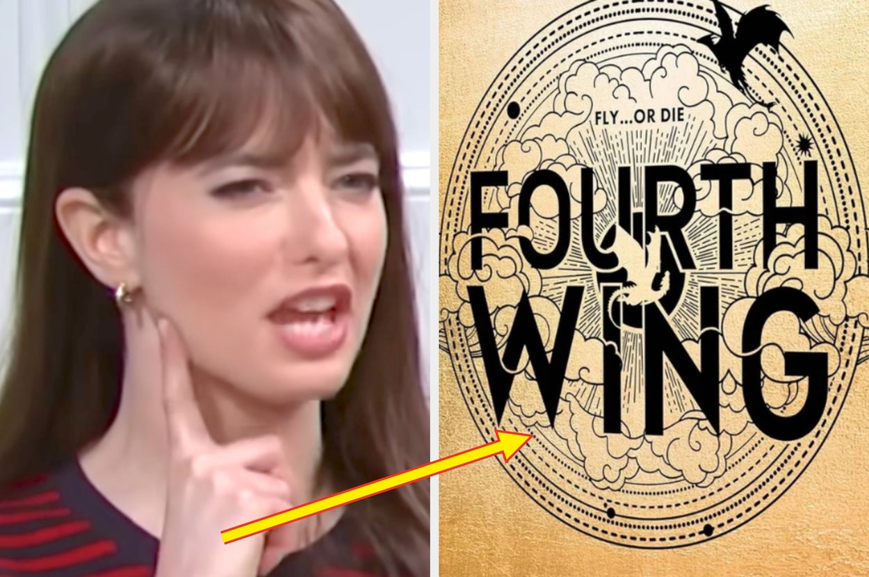 Person gesturing on the left; "Fourth Wing" cover with the phrase "Fly...or Die" on the right