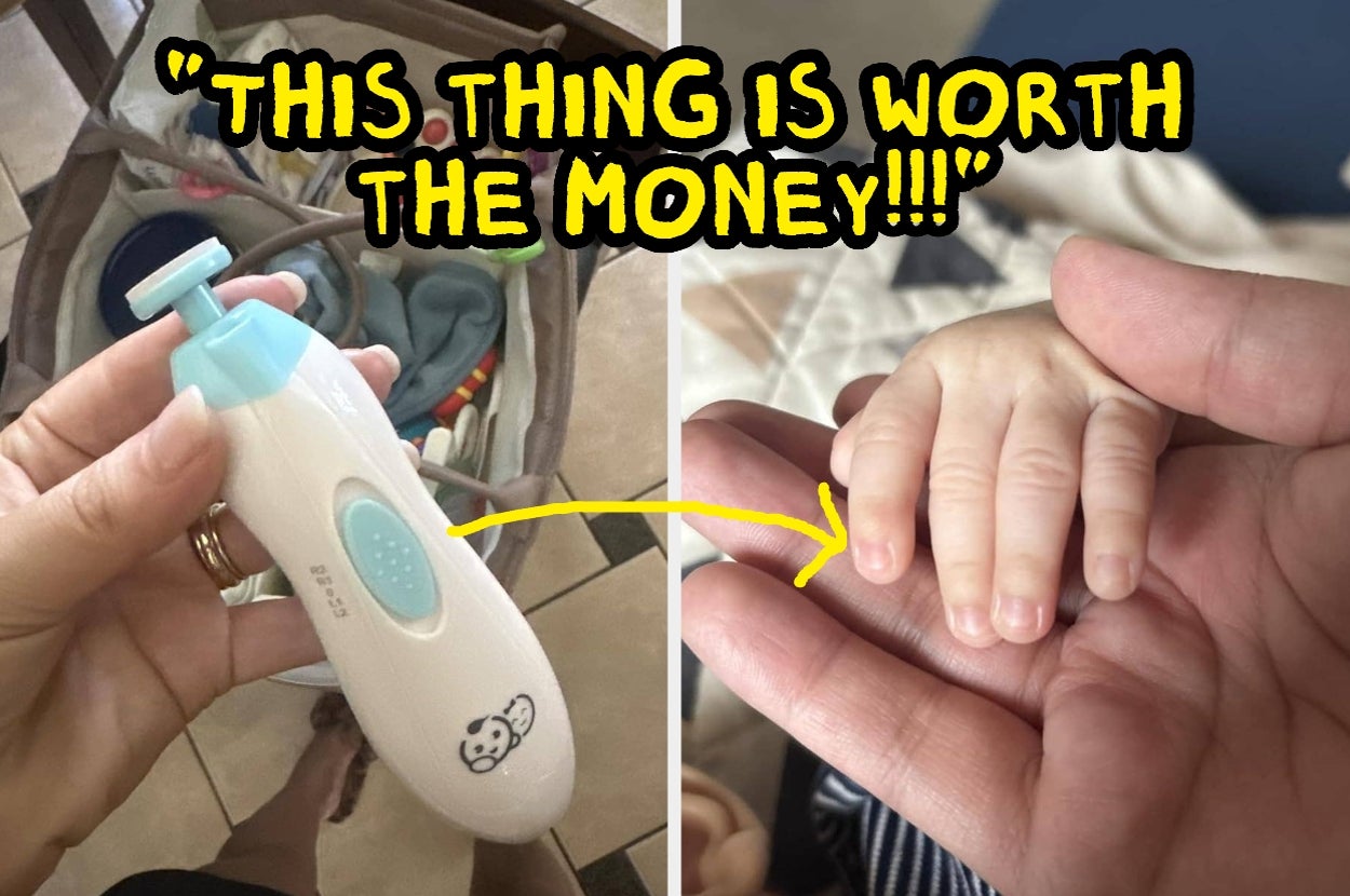 Close-up of an electric baby nail trimmer held by an adult, with a baby’s hand gently resting on an adult's fingers. Text reads: "This thing is worth the money!!!"