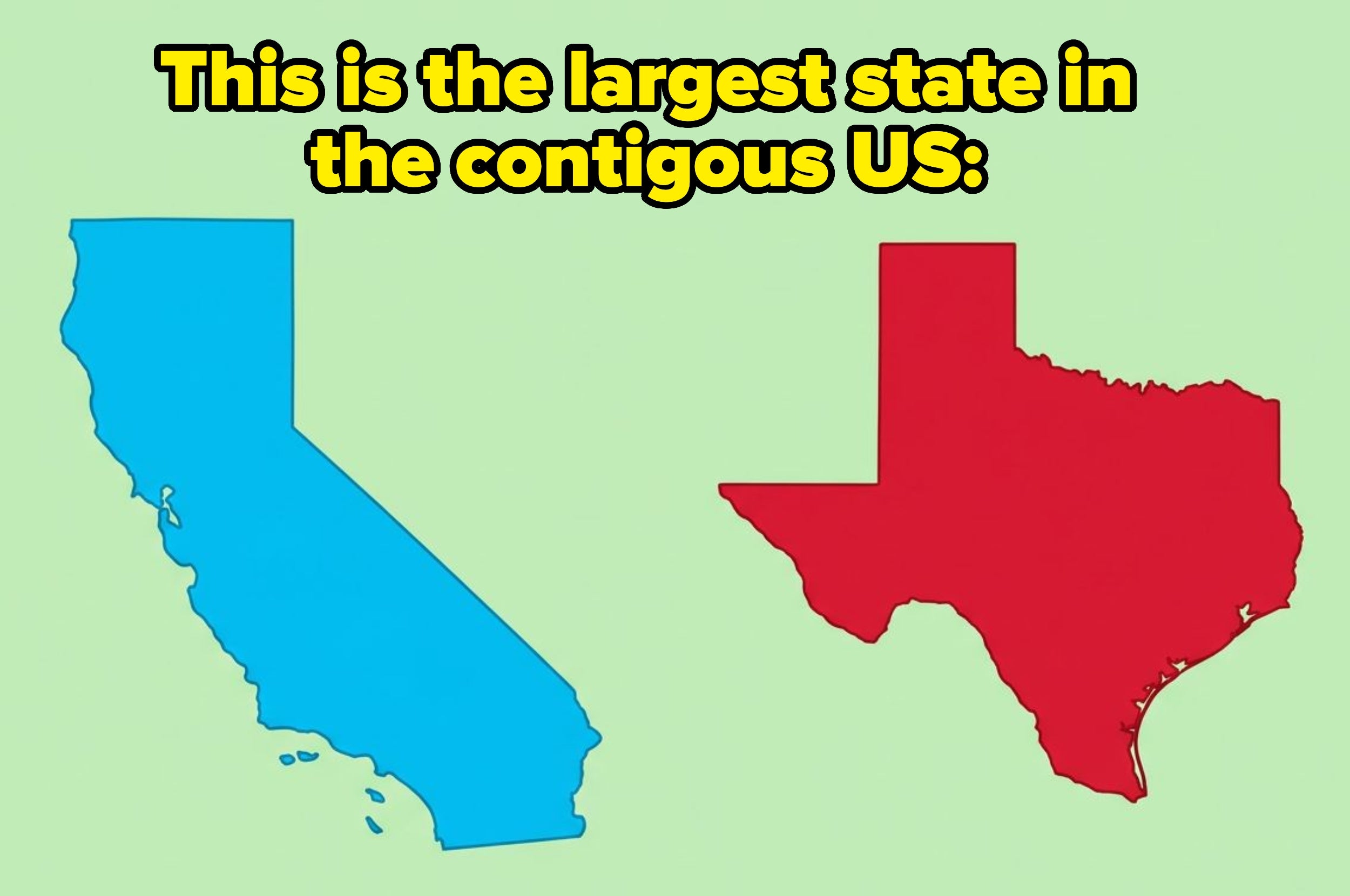 Map comparison of California and Texas with text stating Texas as the largest state in the contiguous US
