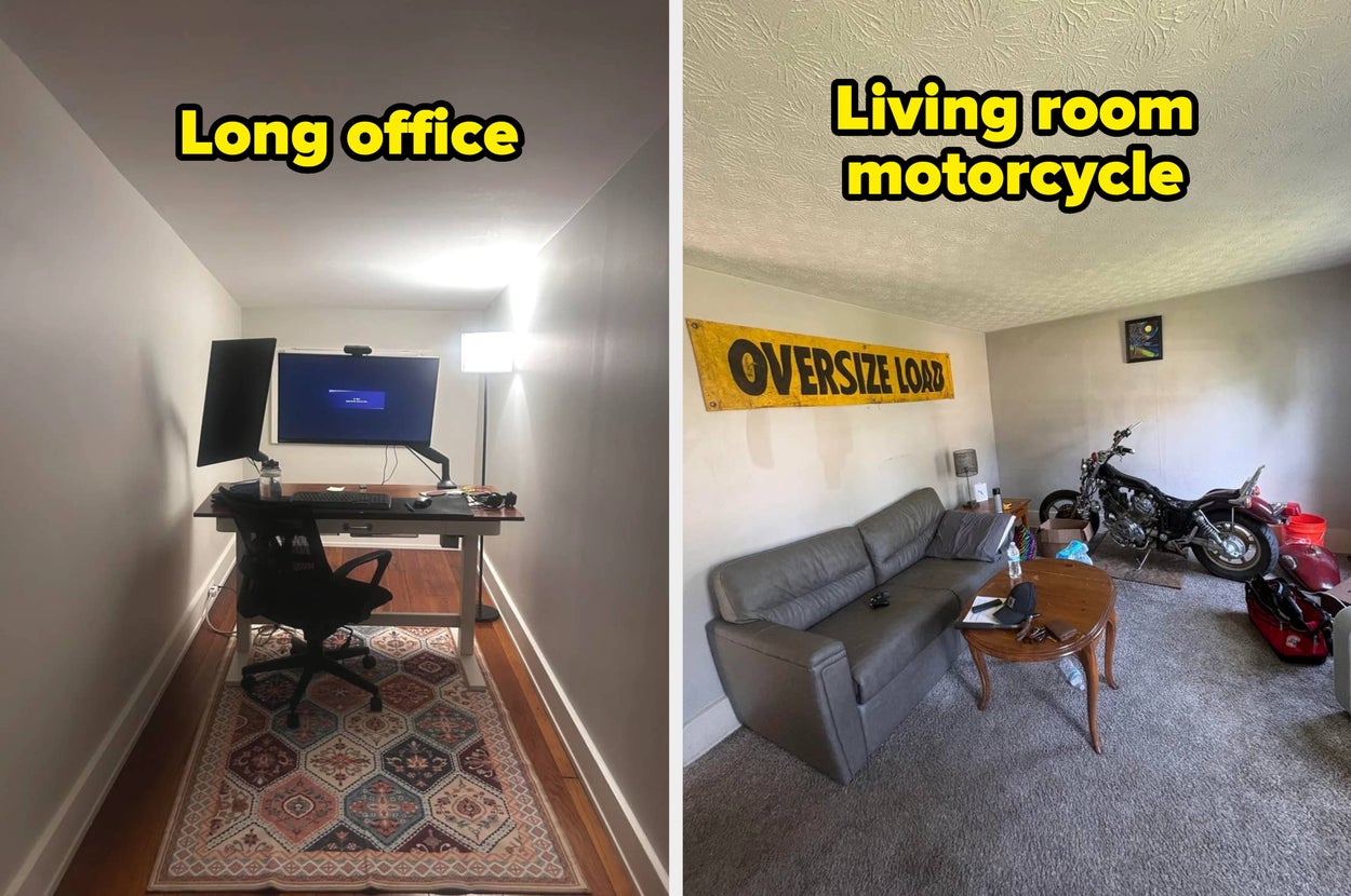 Split image: Left shows a narrow office with a desk and computer; right shows a living room with a motorcycle next to a couch