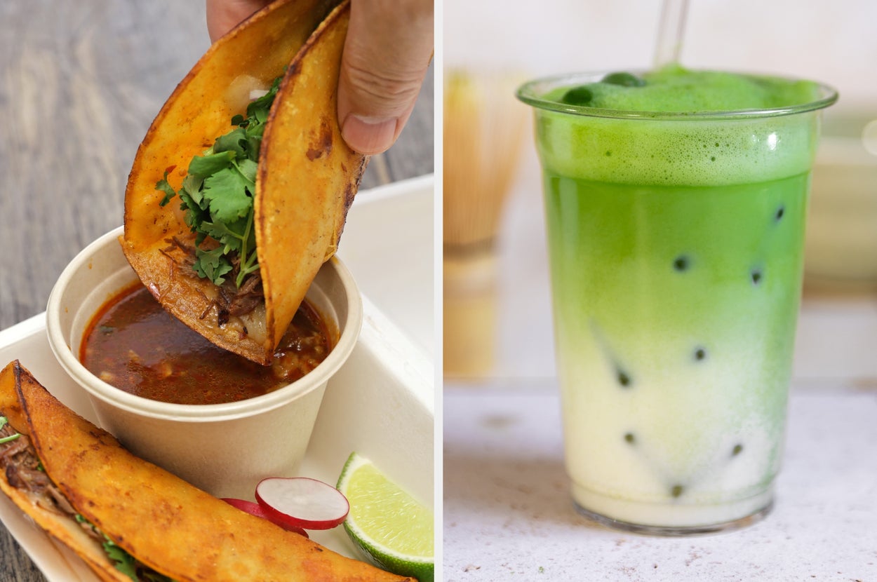 On the left, a hand dips a taco into birria sauce, and on the right, a matcha latte