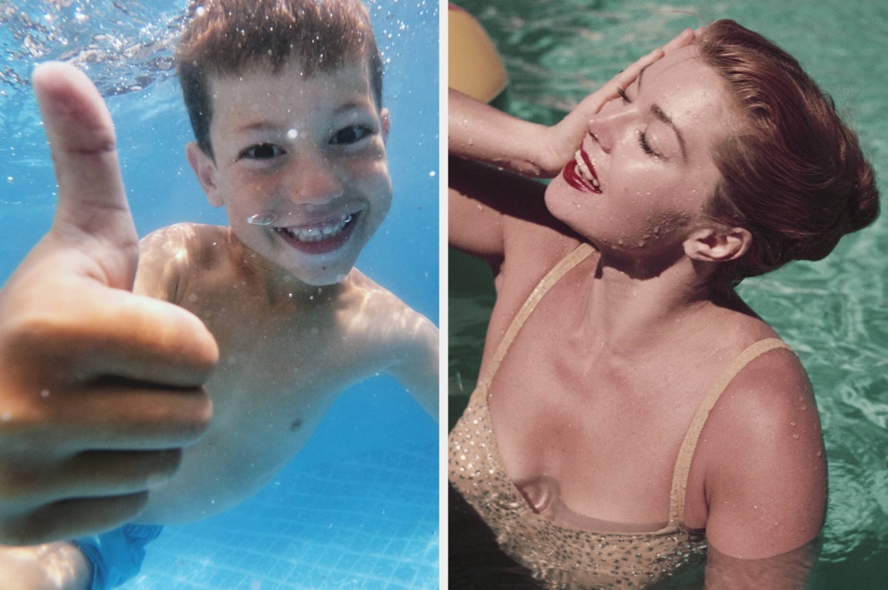 Child underwater giving thumbs-up; person in a swimsuit smiles, enjoying pool water