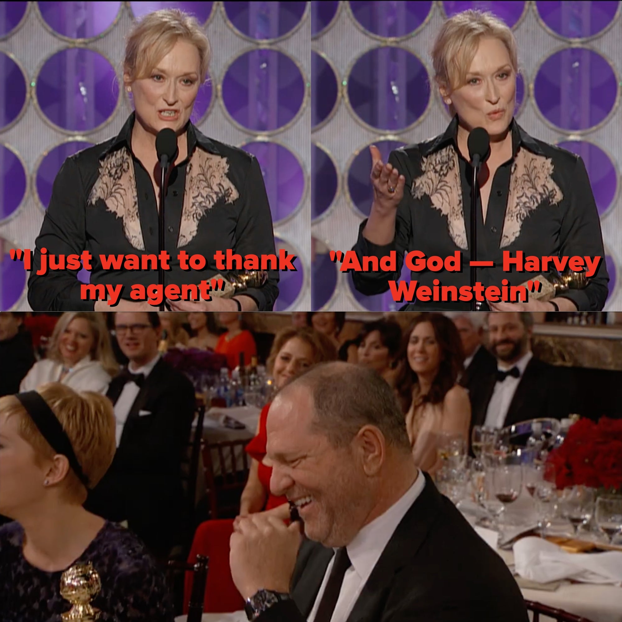 Meryl Streep accepts the award for Best Actress in a Motion Picture (Drama) at the 2012 Golden Globe Awards, jokingly thanking "God," Harvey Weinstein.