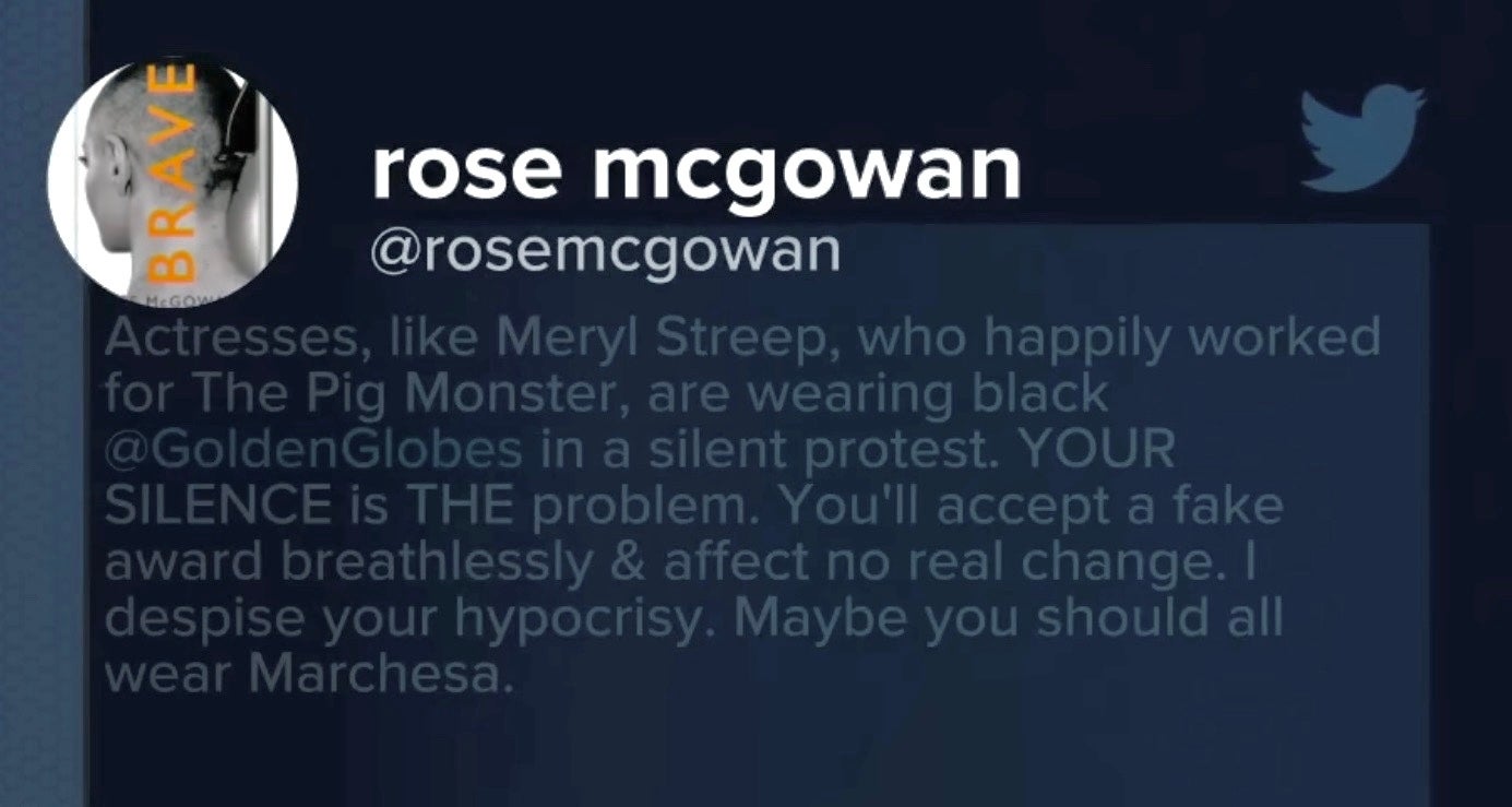 Tweet from Rose McGowan criticizing actresses wearing black at Golden Globes as a silent protest, calling them hypocrites.
