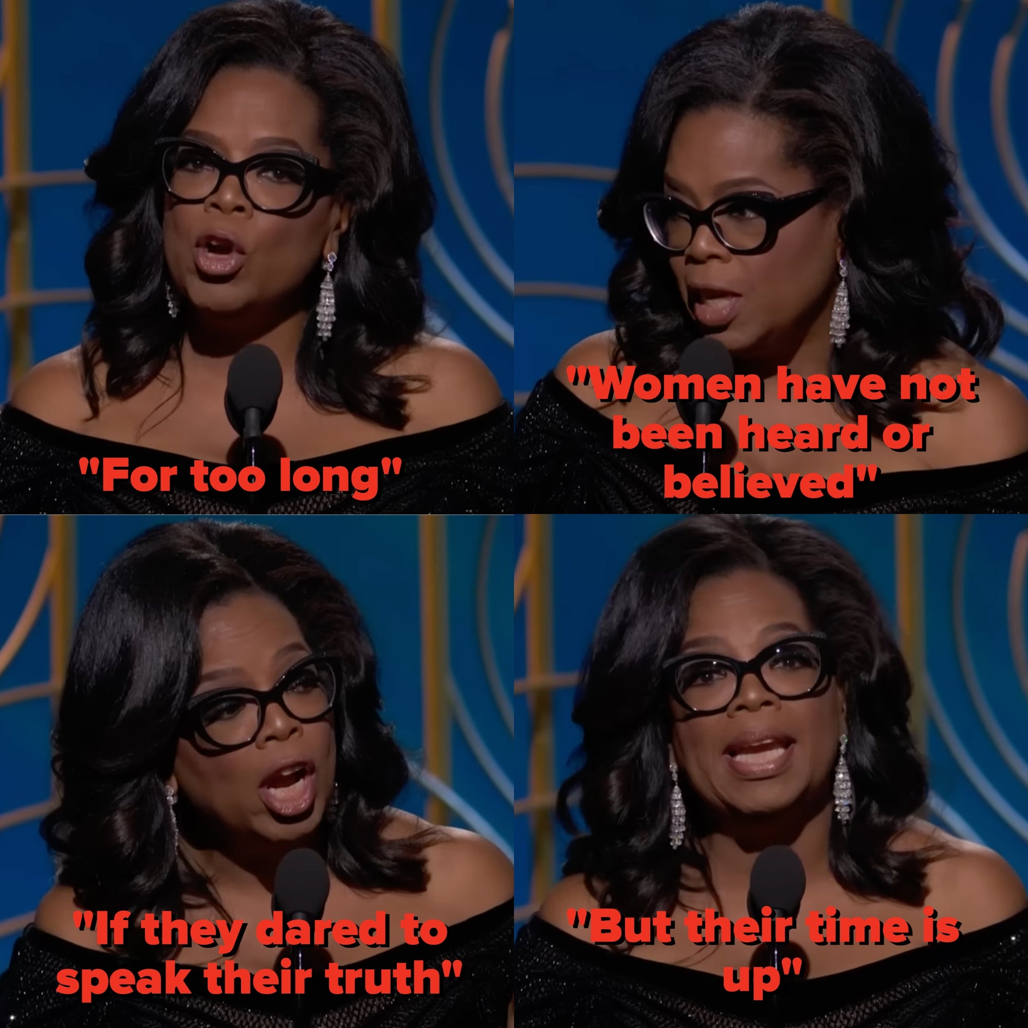 Oprah Winfrey accepts the Cecil B. DeMille Award at the 2018 Golden Globe Awards, exclaiming "time is up."