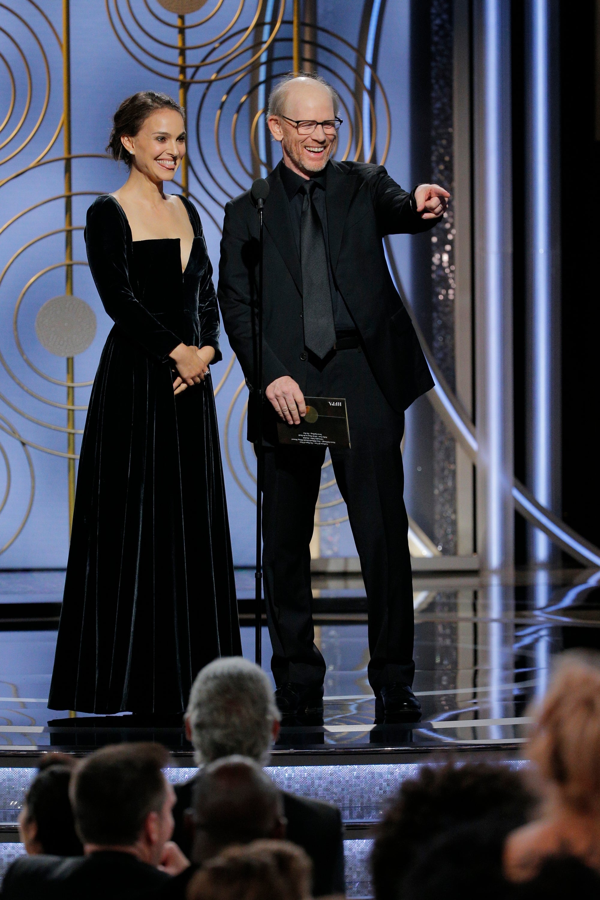 Natalie Portman and Ron Howard announce the Best Director award at the 2018 Golden Globe Awards