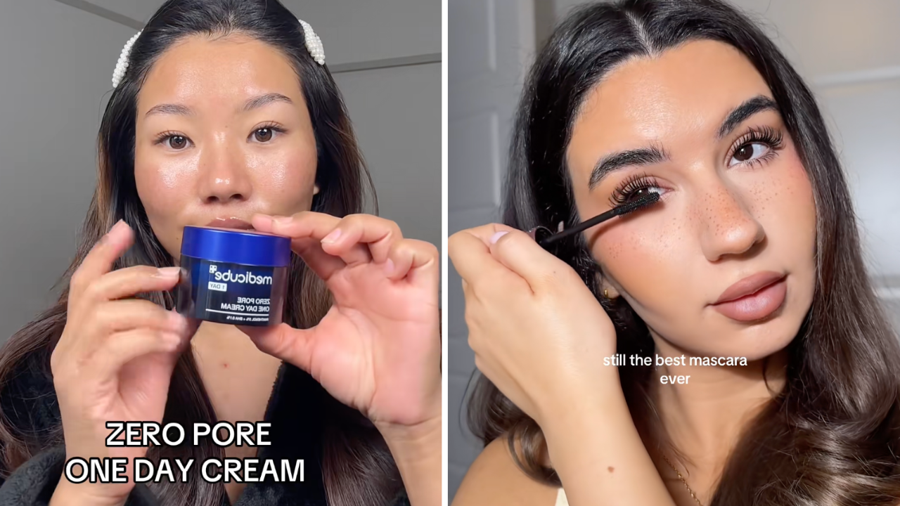 Two women demonstrate skincare and makeup products: one holds a cream jar, another applies mascara with text overlay praising the products