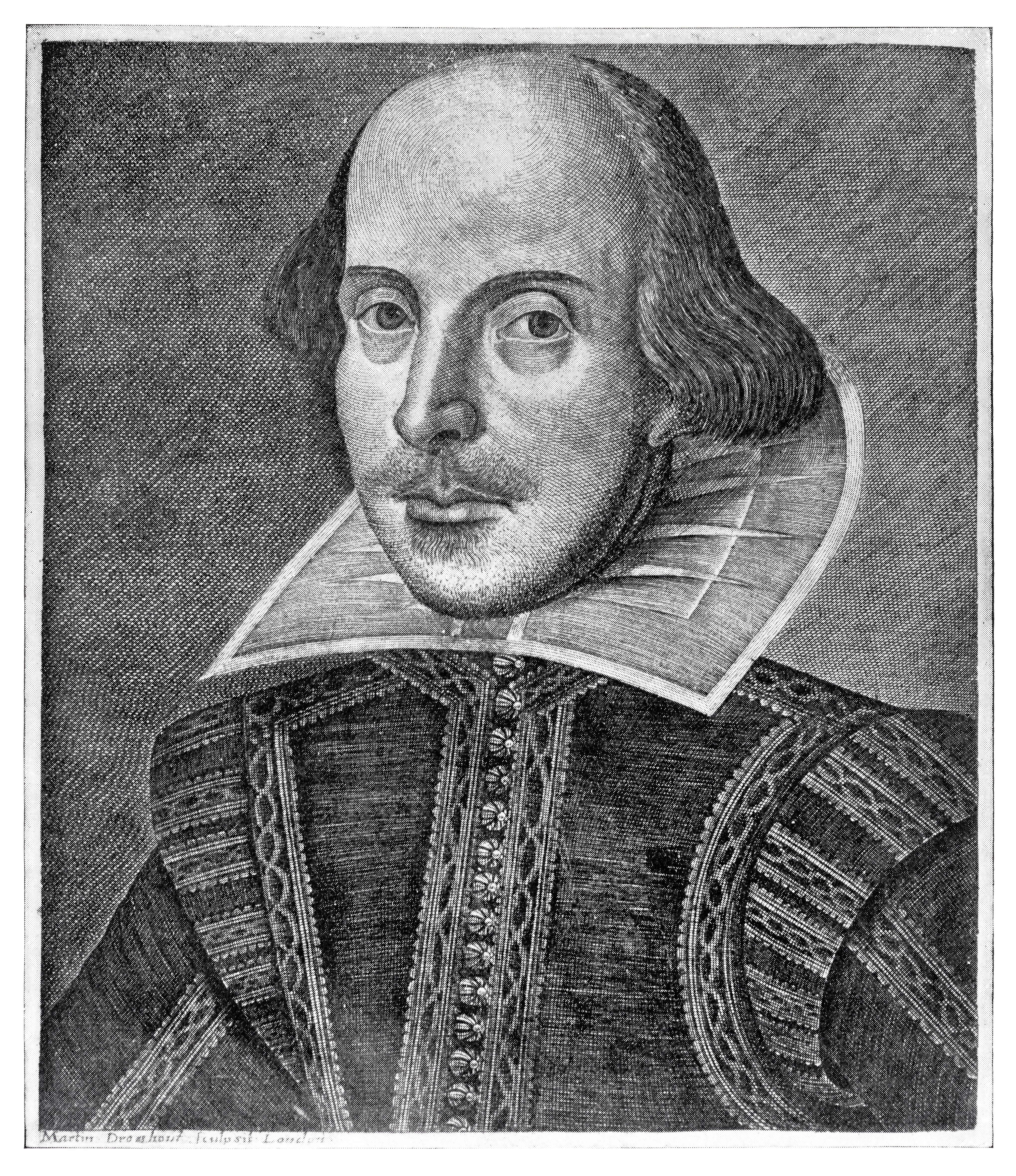 A black-and-white portrait of William Shakespeare