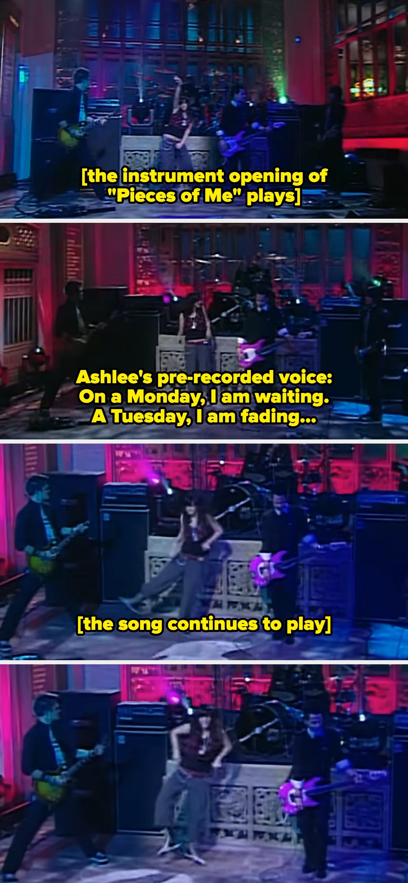 Ashlee's pre-recorded voice sings "Pieces of Me." Ashlee awkwardly dances