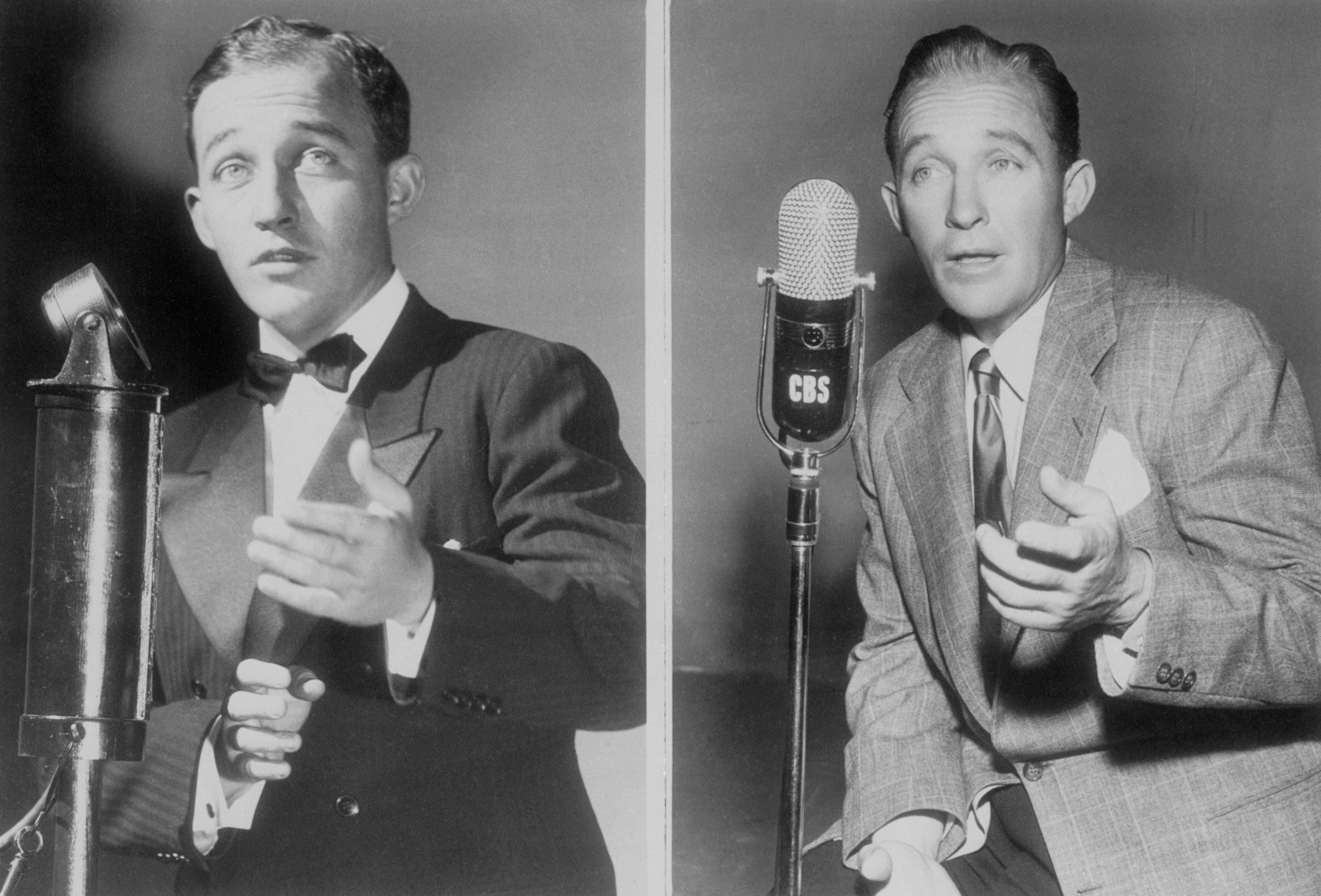 Two vintage photos of Bing Crosby speaking into a microphone, wearing a tuxedo on the left and a suit on the right. He is performing.