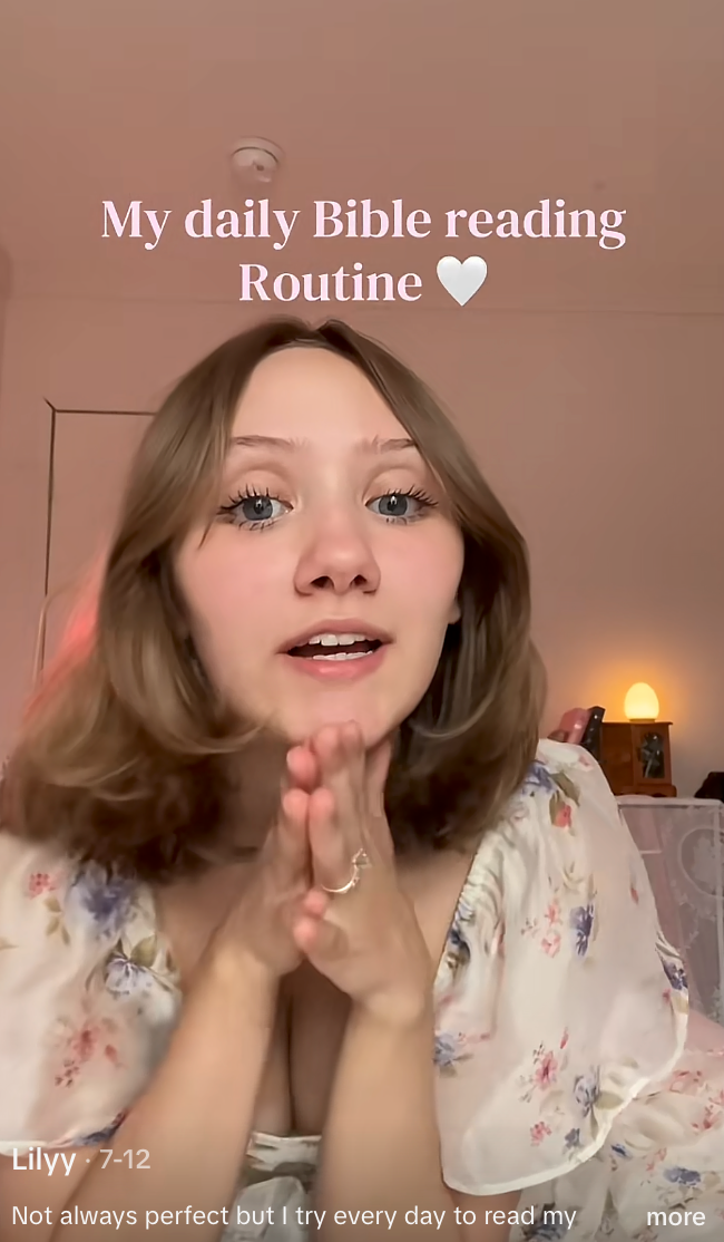 Woman sharing her daily Bible reading routine, wearing a floral top, with text overlay about imperfection and consistency in reading