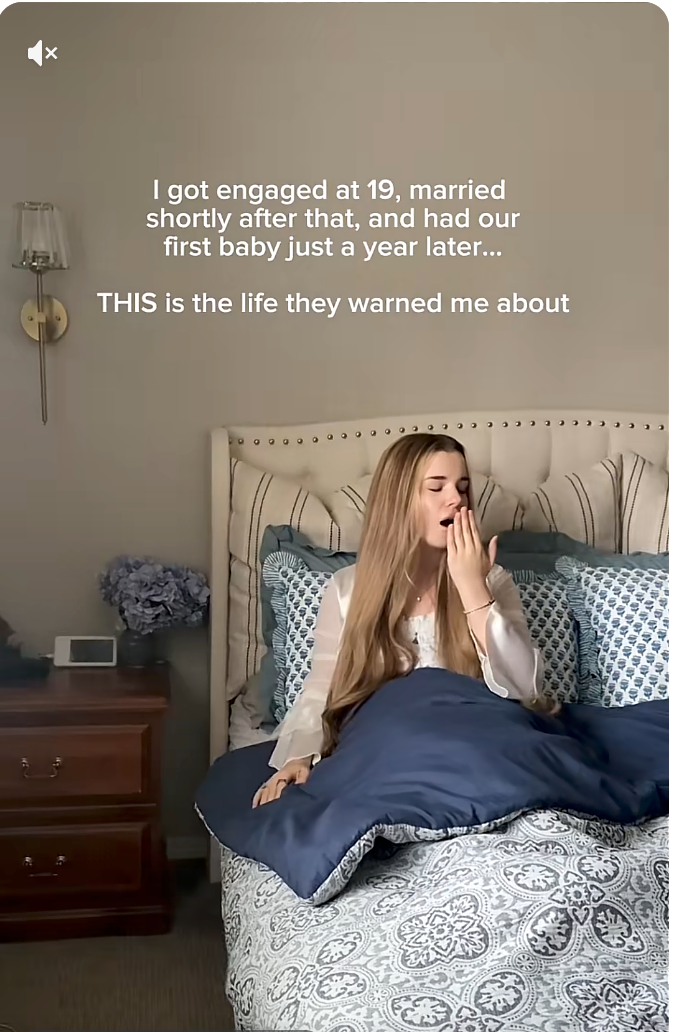 A woman is sitting in bed yawning. Text describes getting married and having a baby young, reflecting on life's warnings