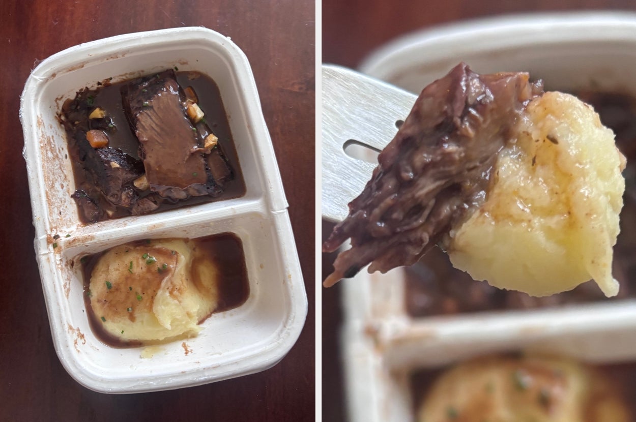 Takeout container with beef and mashed potatoes; close-up shows beef and potatoes on a fork