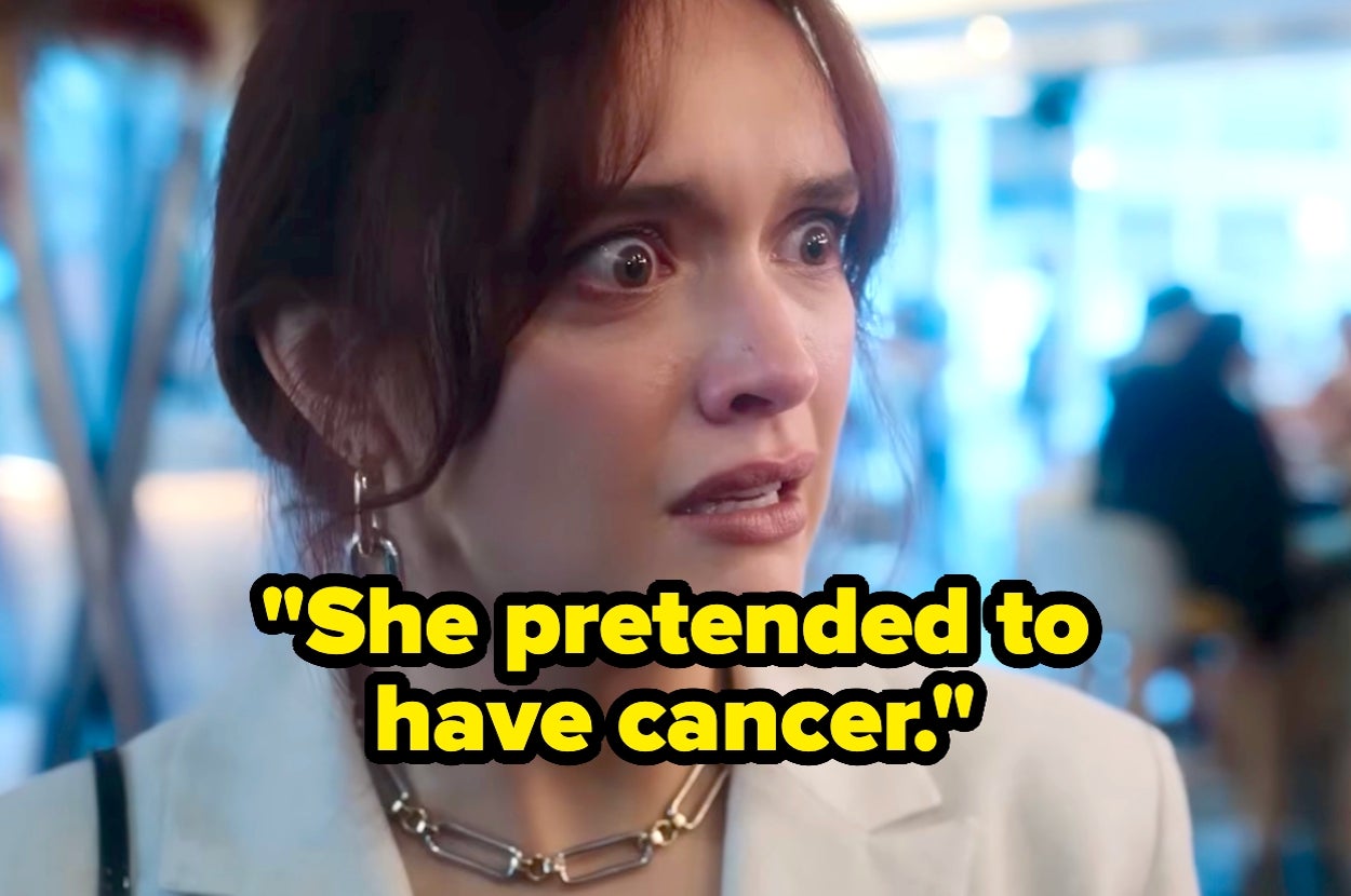 Person looking shocked with text overlay: "She pretended to have cancer"
