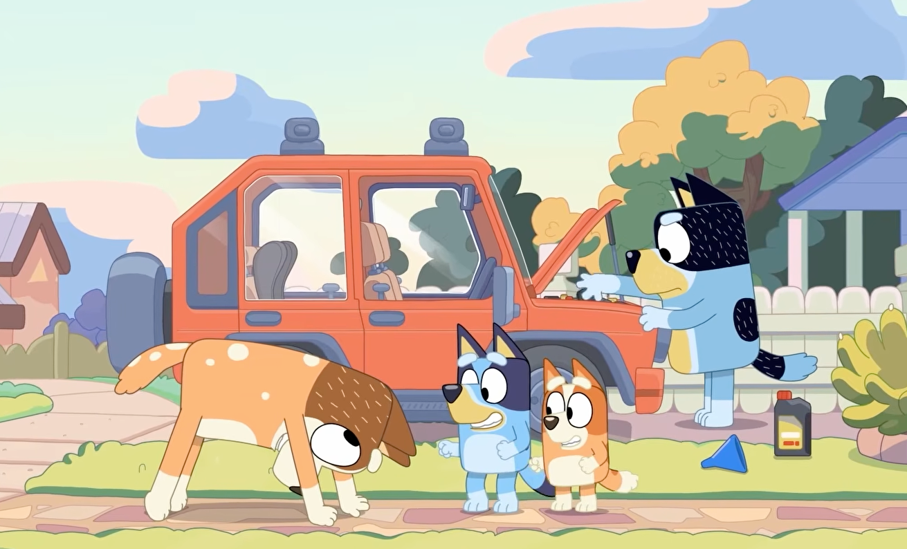 Bluey, Bingo, and Chili stand by a car. Bandit checks under the hood while others watch, with various tools nearby