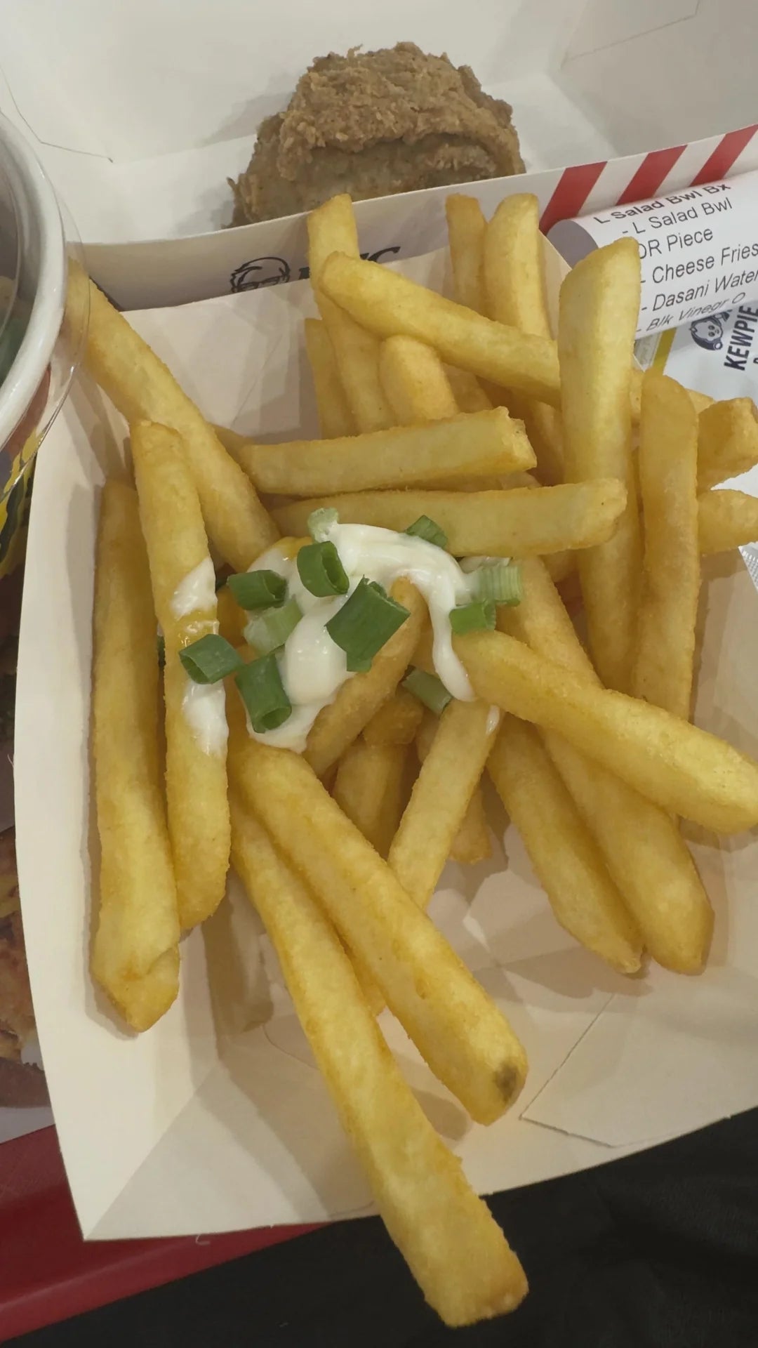 Fries topped with greenish  onions and a dollop of creamy condiment  successful  a insubstantial  tray