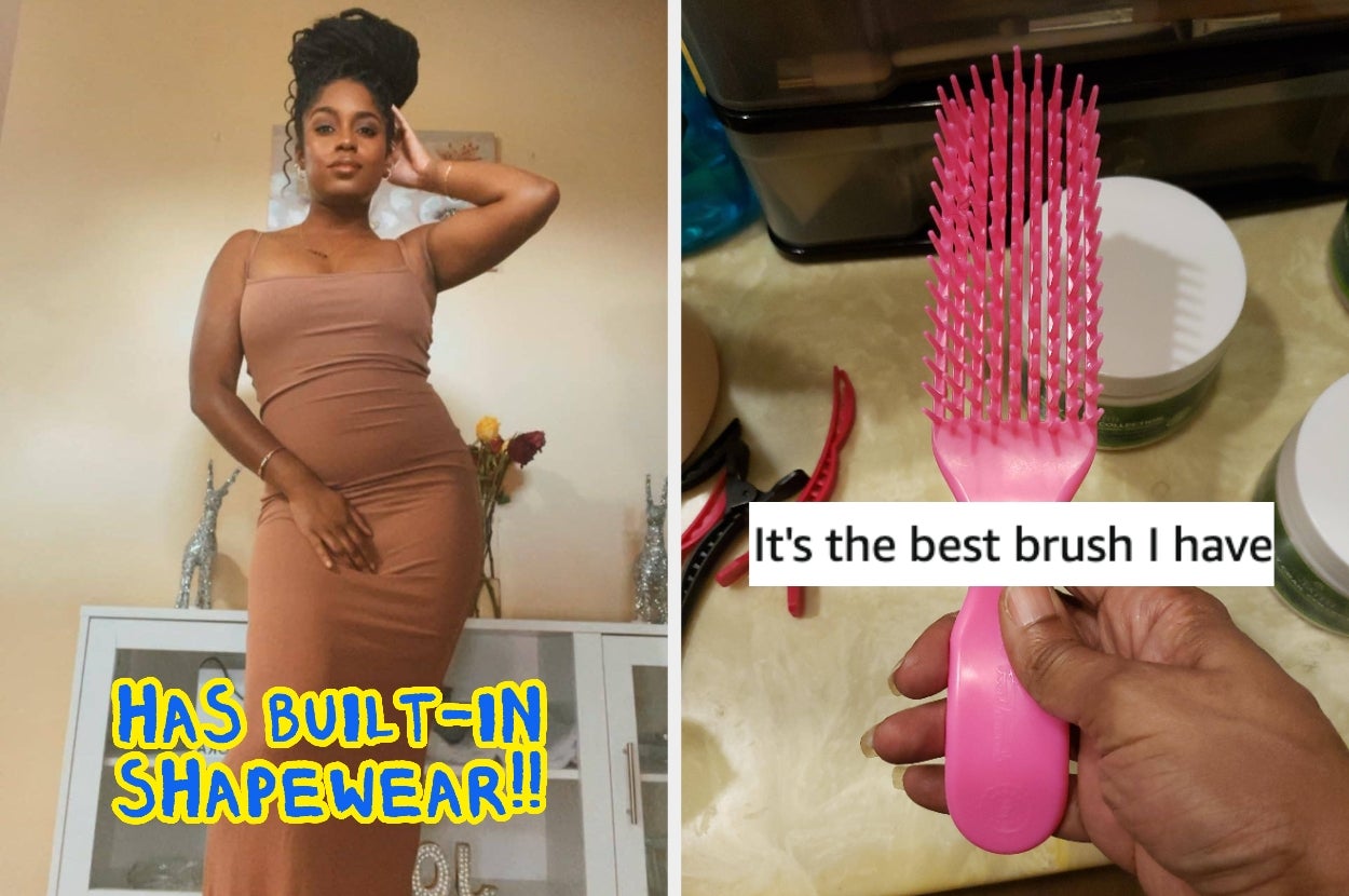 Two-part image: On the left, a woman in a form-fitting dress with text "Has built-in shapewear." On the right, a hand holds a pink brush with text "It's the best brush I have."