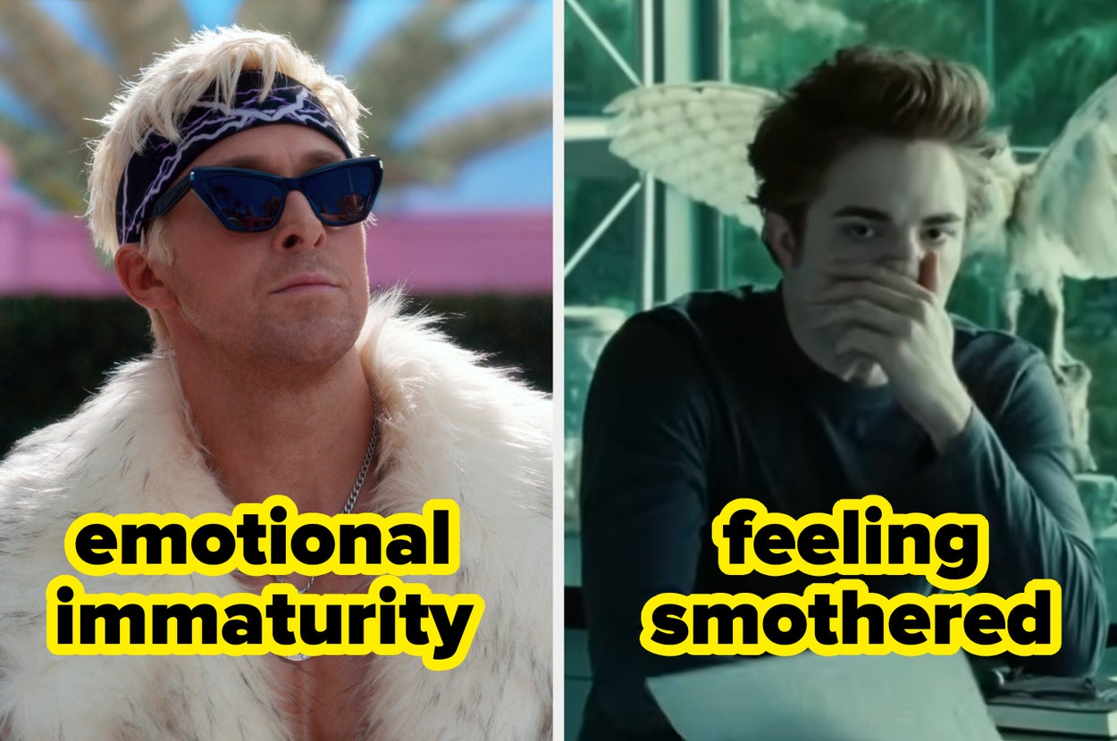 Split image: Left, person in a fur coat and sunglasses with text "emotional immaturity." Right, person covering mouth with text "feeling smothered."