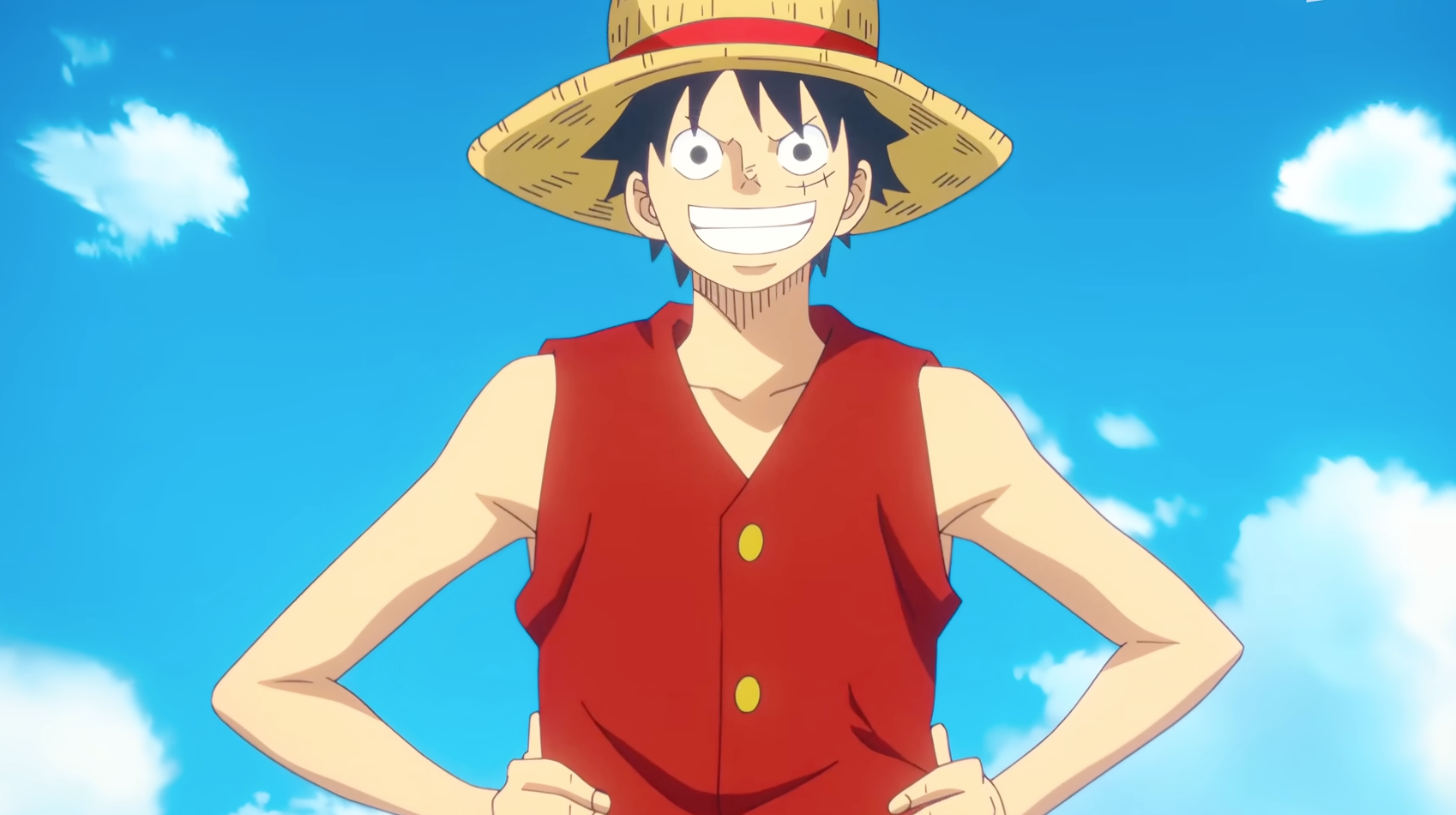 Anime character in a straw hat and sleeveless vest smiles with hands on hips against a blue sky