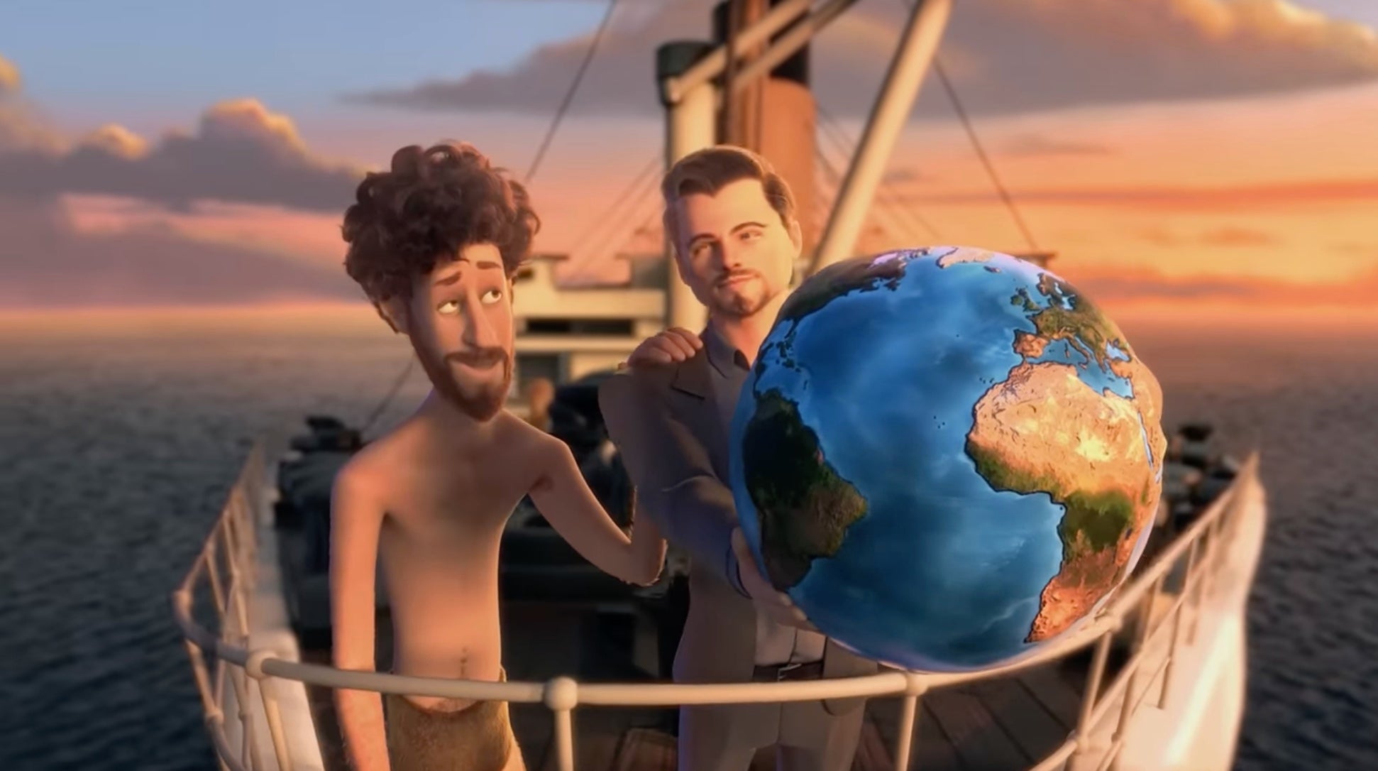 Two cartoon-style figures, Lil Dicky and an animated Leonardo DiCaprio, stand together on the bow of the Titanic while cradling the Earth.