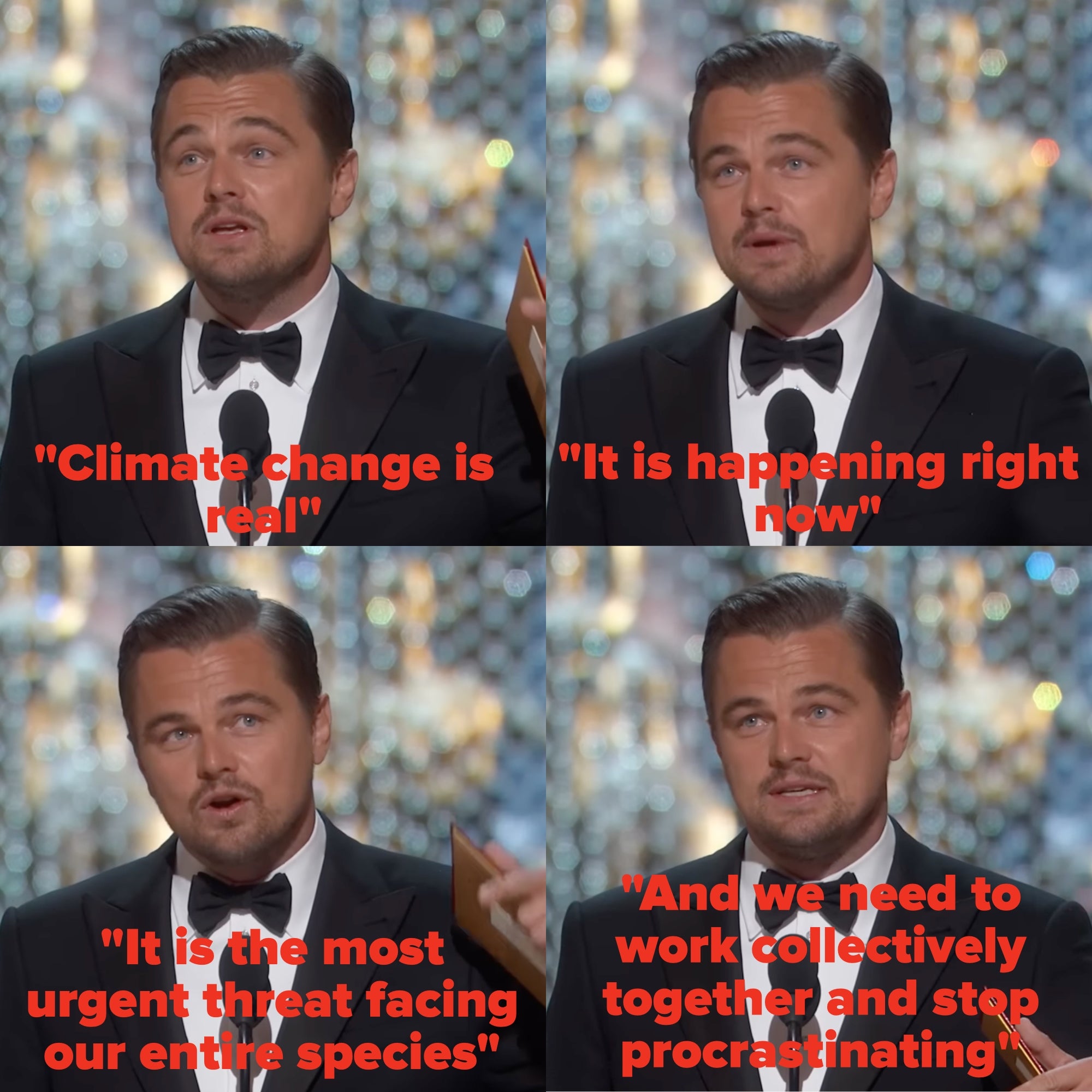 Leonardo DiCaprio accepts the Best Actor award at the 2016 Oscars