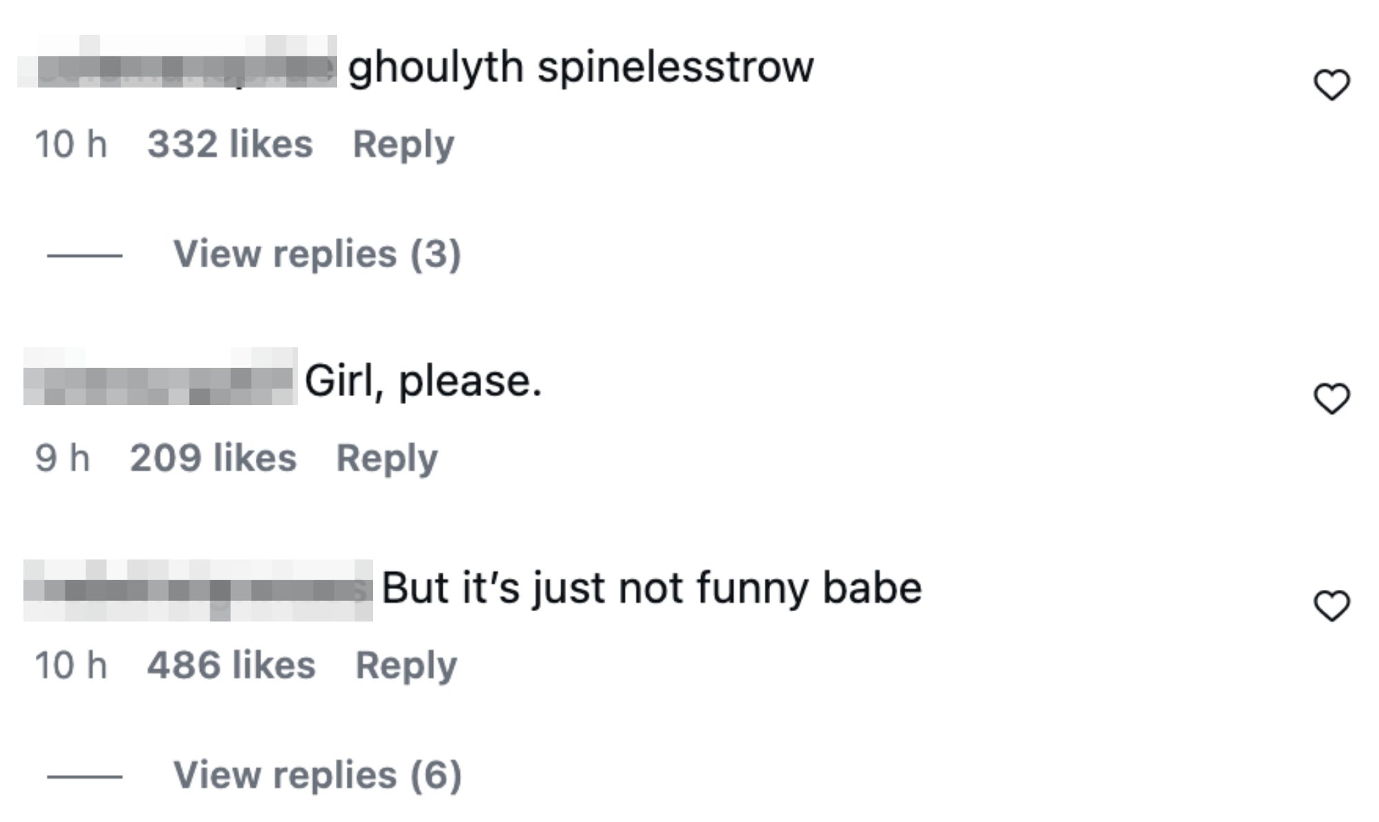 Kommentarer som kritiserer Gwyneths innlegg: "ghoulyth spinelesstrow," "Jente, vær så snill," og "Men det er bare ikke morsomt babe"