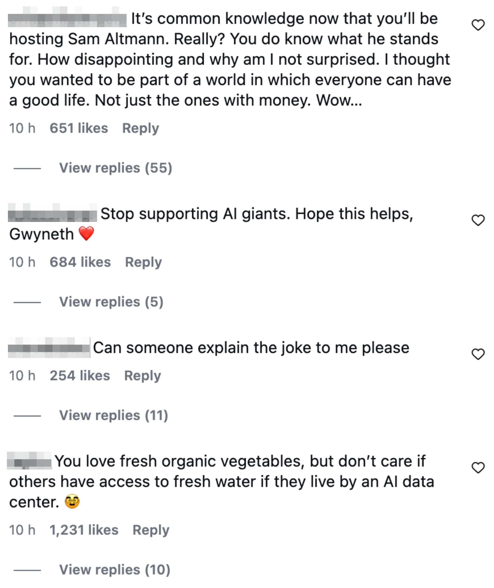 Kommentarer kritiserer Gwyneth for å være vert for Sam Altman, og stiller spørsmål ved prioriteringer over rikdom og AI-engasjement