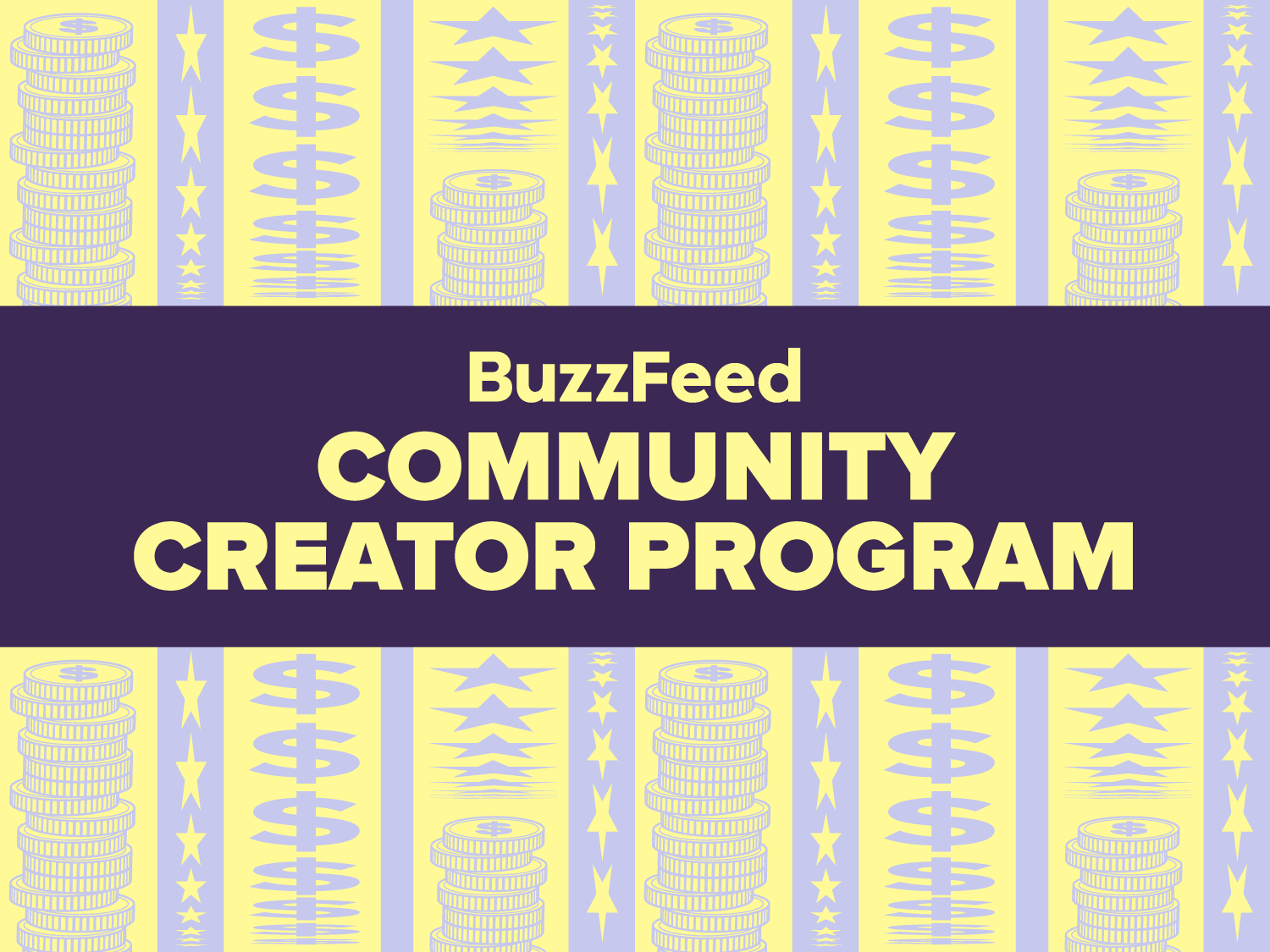 BuzzFeed Community Creator Program graphic with coin and star illustrations in the background