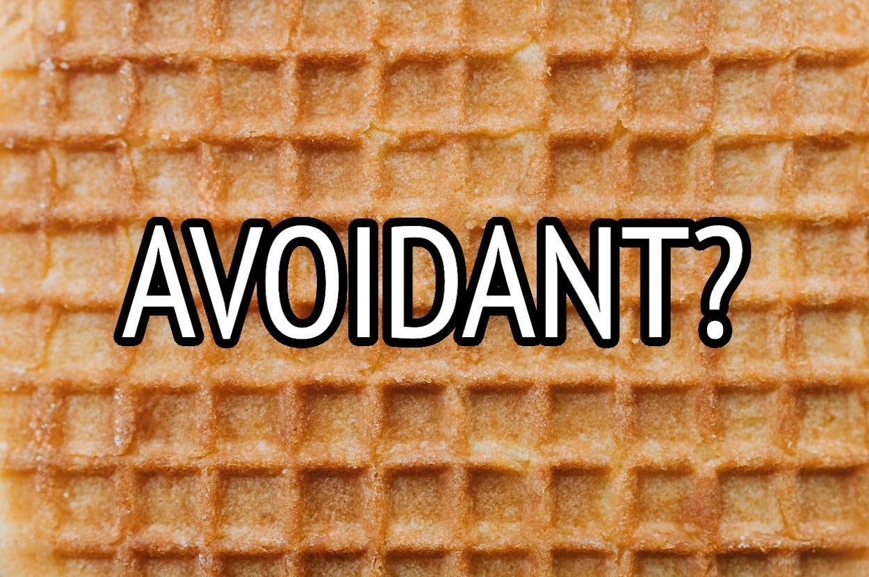 The image shows a waffle with the text "AVOIDANT?" overlaid on it, suggesting a play on words or concept