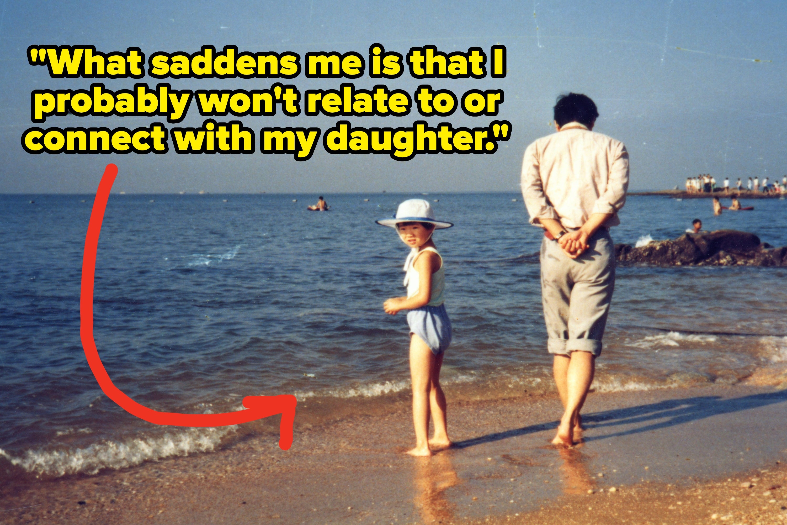 A child rests her head on an adult's shoulder. Overlaid text: "Adjust your expectation of what a little girl is."