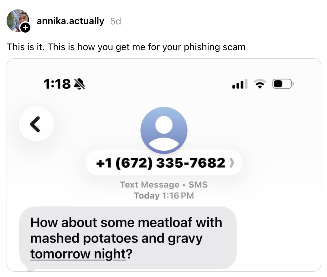 Tekstmelding fra et ukjent nummer antyder middagsplaner med kjøttkake og potetmos, antydet å være en phishing-svindel
