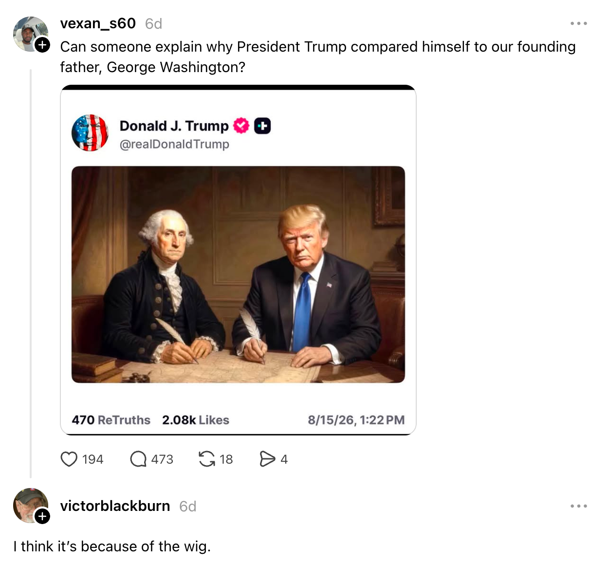 Skjermbilde av et Truth Social-innlegg viser Donald Trump i stil med et George Washington-portrett. Kommentarspøk om den delte frisyren